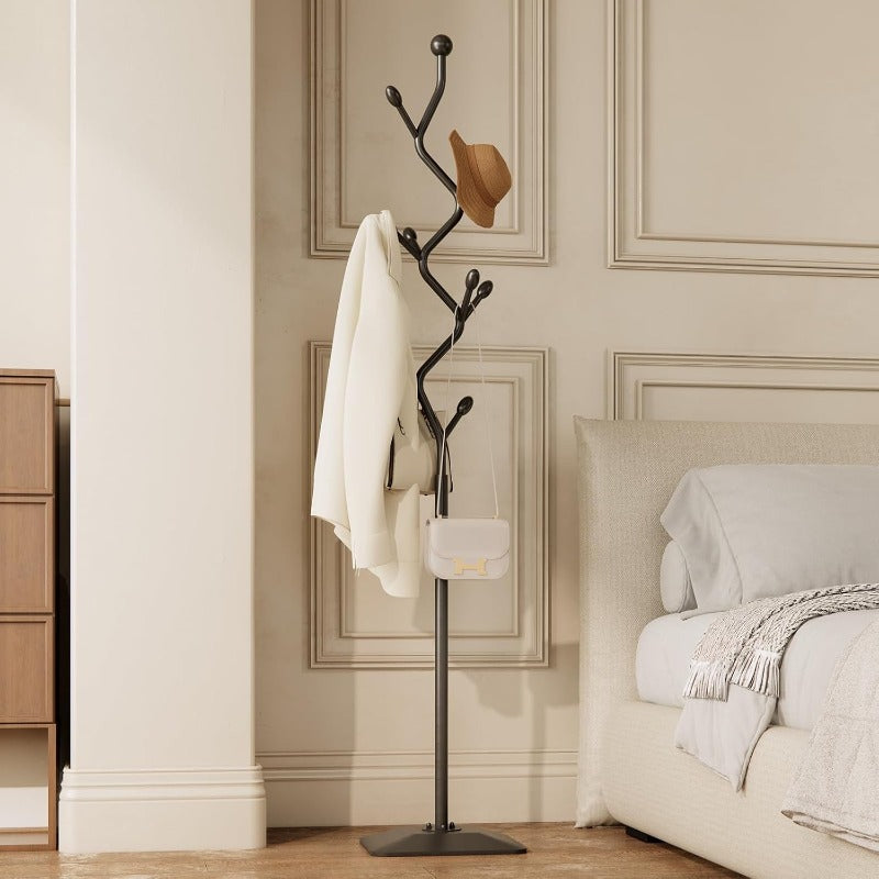 Treeshaped coat rack standMetal coat tree with 8 Hooks and sturdy cast iron base Heavy Duty coat rack freestanding coat hanger stand for Clothes Hats Scarfs Purses black