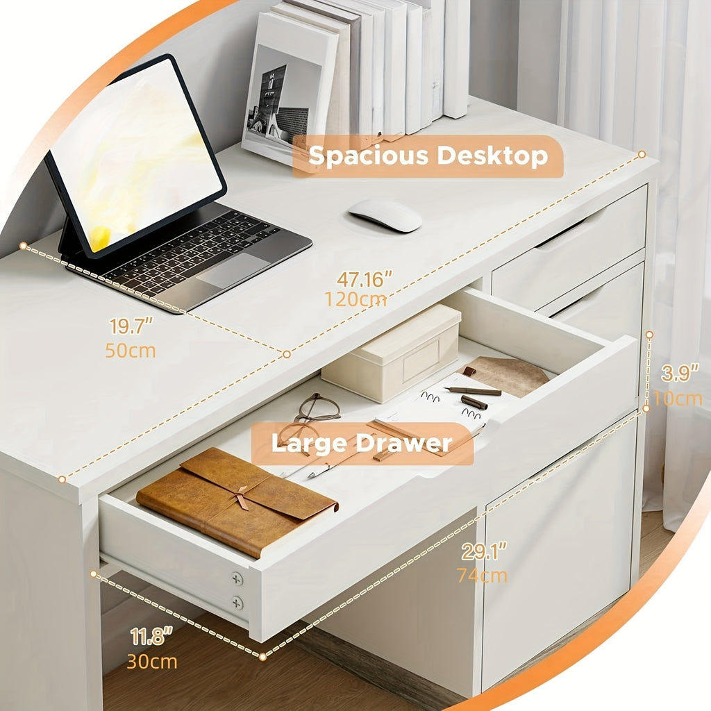 White And Walnut\u002FBrown\u002FWhite Computer Desk With Storage Drawers, Study Desk With 4 Drawers And File Cabinet, For Bedroom, Small Space, White And Walnut\u002FBrown\u002FWhite