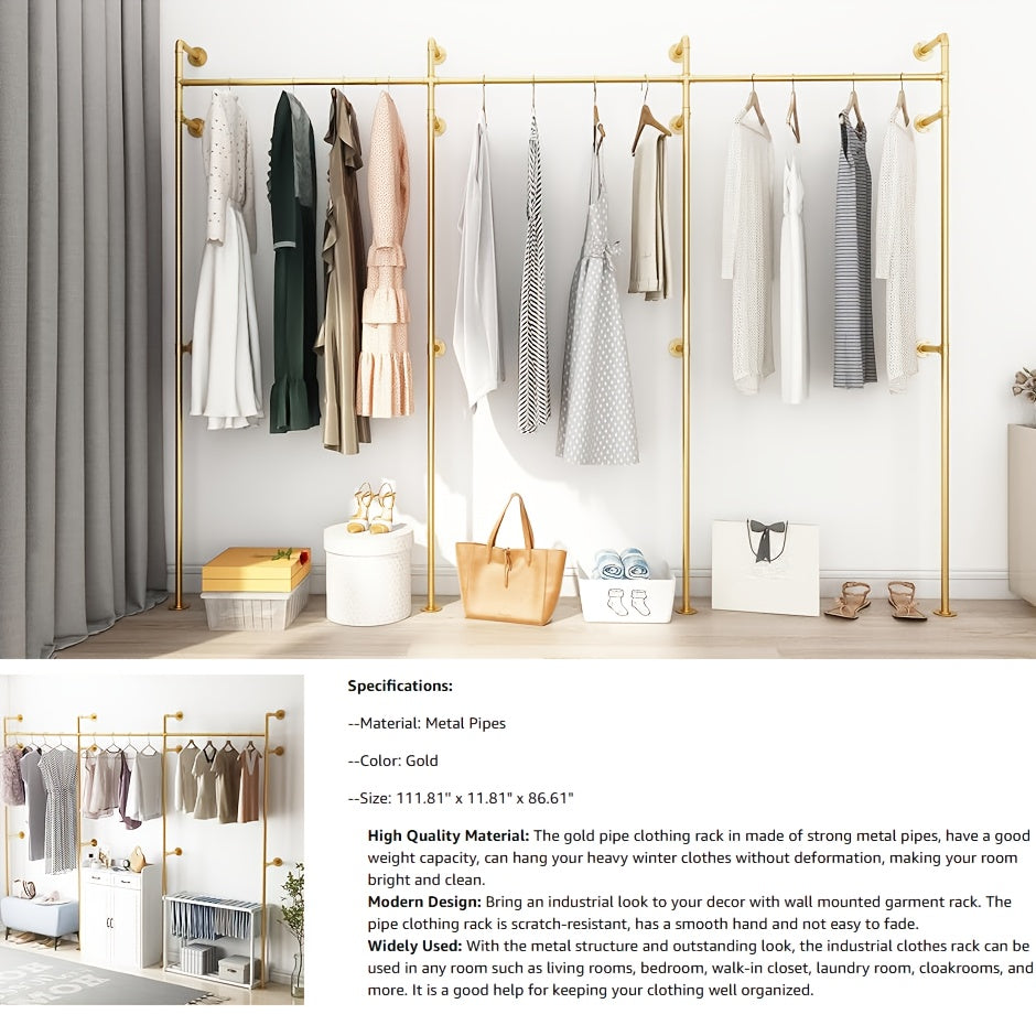 Space-Saving Industrial Pipe Clothing Rack Wall Mounted - Heavy Duty, Adjustable Garment Display For Bedroom, Cloakroom & Retail Stores, Christmas Decor, Walk In Hanger, Home Clothing Storage Supplies