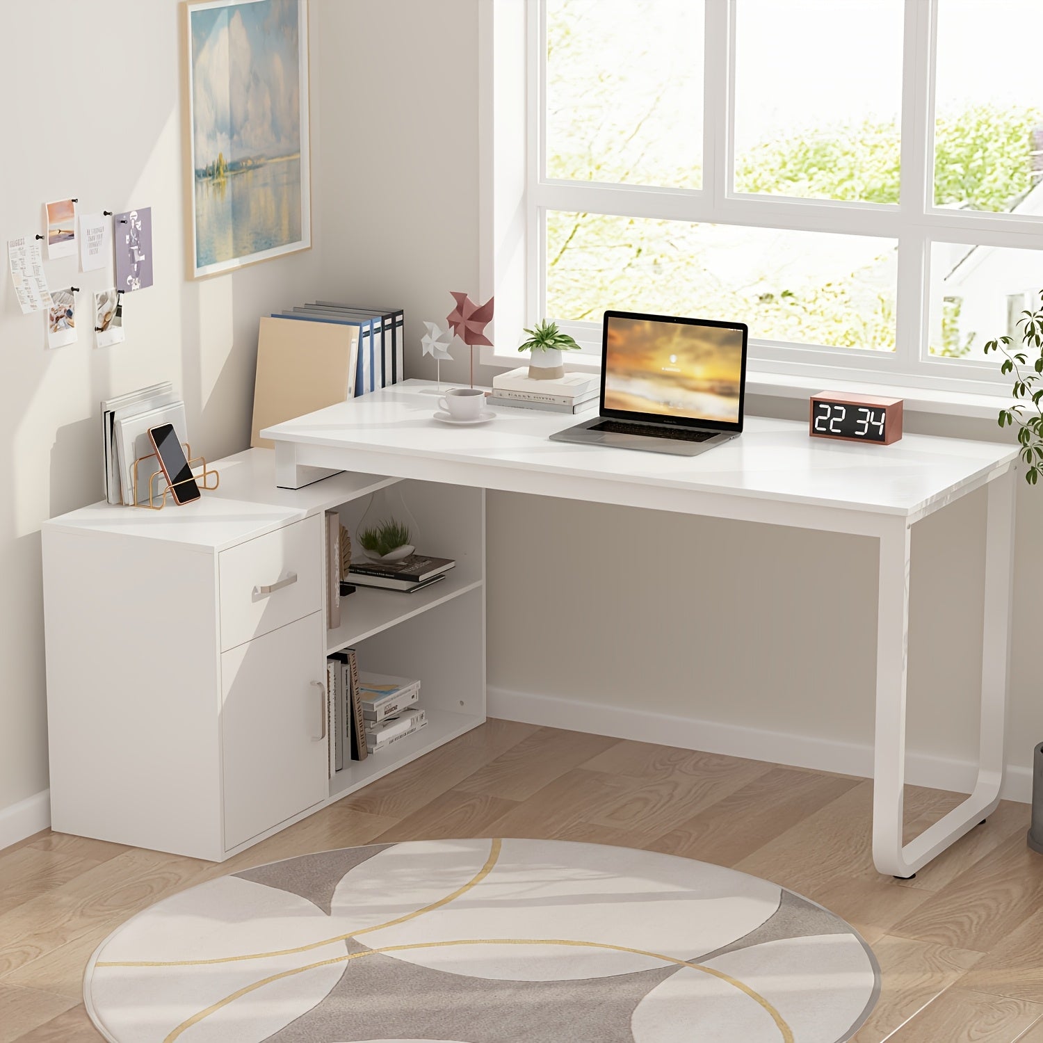 Modern L-shaped Computer Desk Modern L-shaped Computer Desk with Drawer | Open Shelves, Filing Cabinet & Spacious Desktop for Home Office, Study Room - White