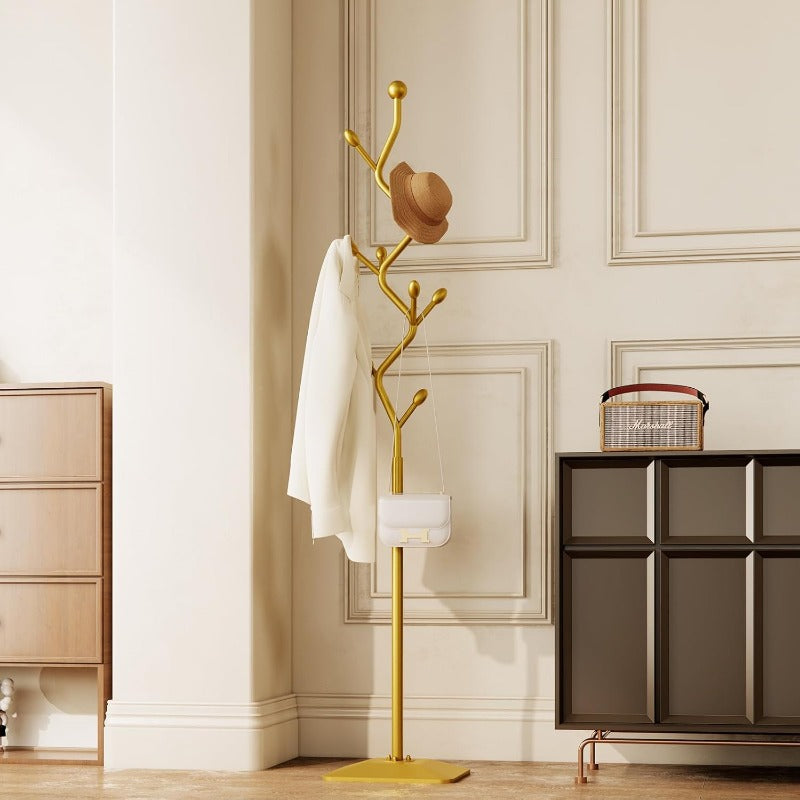 Treeshaped coat rack standMetal coat tree with 8 Hooks and sturdy cast iron base Heavy Duty coat rack freestanding coat hanger stand for Clothes Hats Scarfs Purses gold