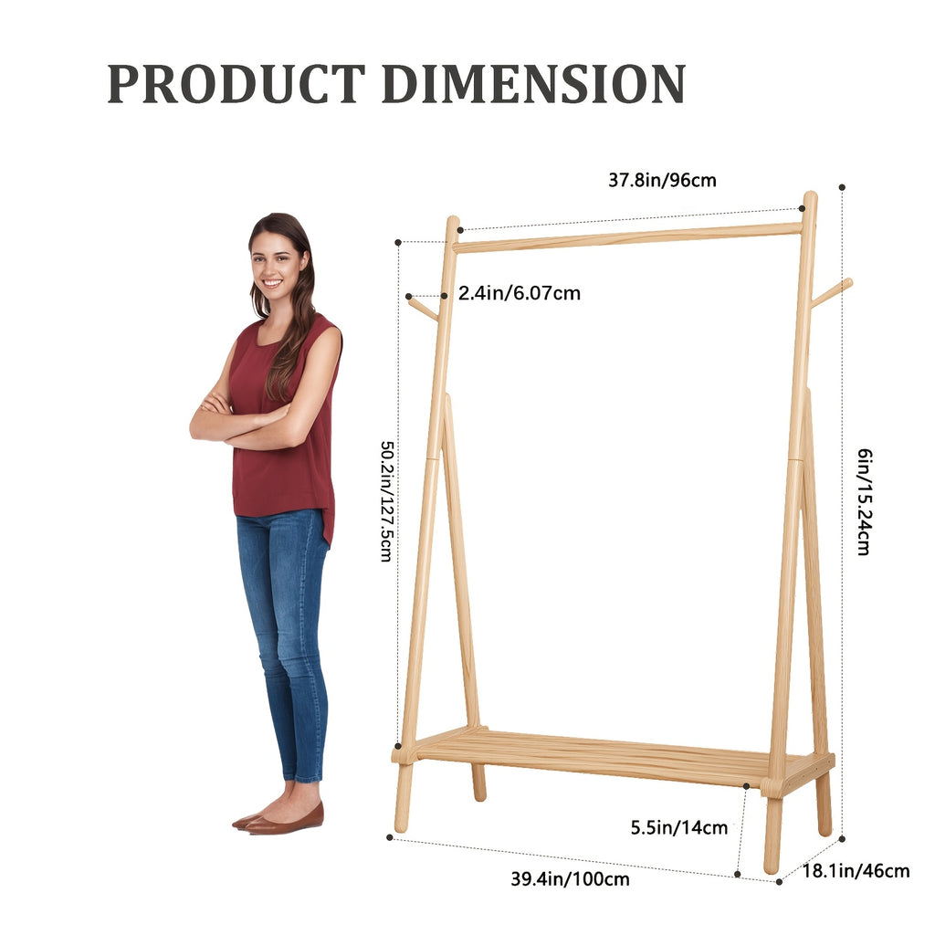 KASLANDI Free Shipping - Solid Wood Clothes Rack, Portable Garment Rack With Hooks And Shelf, Sturdy Freestanding Clothing Organizer For Coats, Dresses, Shoes, Bags, Easy To Assemble Storage Solution For Bedroom, Entryway, Living Room