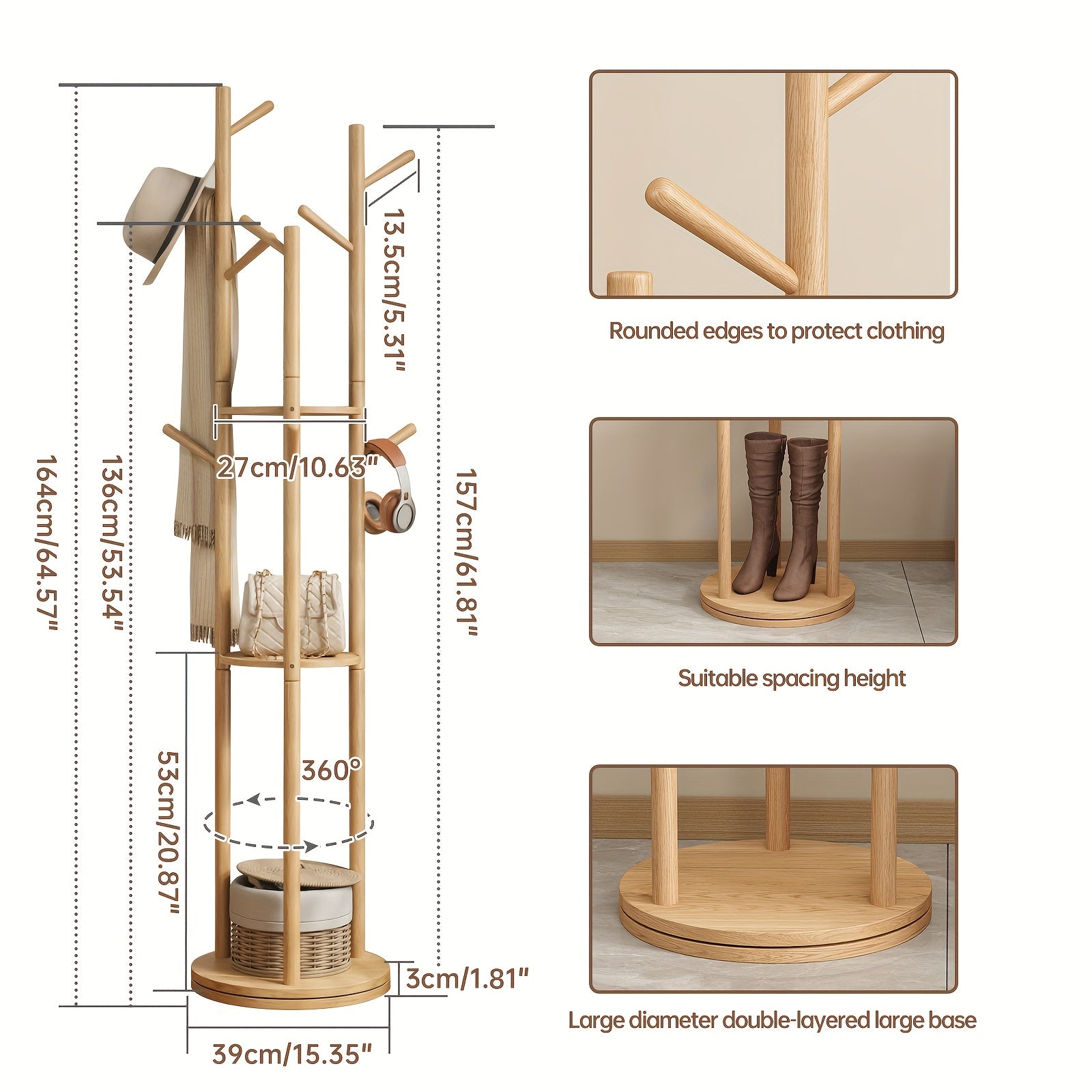 KASLANDI Furniture for Home, Solid Wood Rotary Coat Rack - Self-standing Hanger, Tree Floor Hanger, Foyer Furniture, Suitable for Entrance, Bedroom And Living Room, Hanging Coats And Bags,, Free Shipping