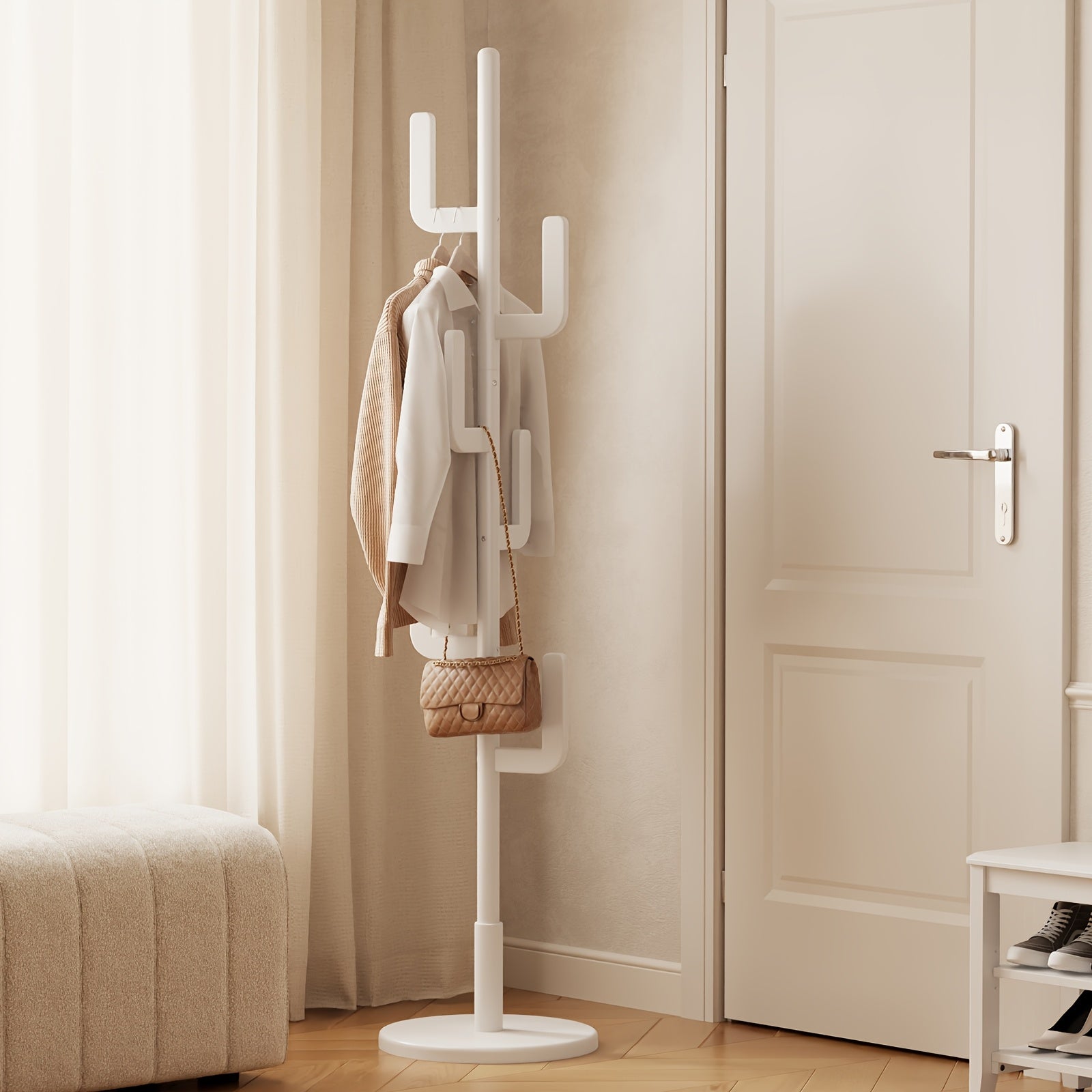Kaslandi Space Entryway Furniture Coat Rack, Solid Wood Floor Standing Clothes Rack, Bedroom Home Garment Rack with Six Hooks, Multi-Style & Multi-Functional Hanging Coat Rack.