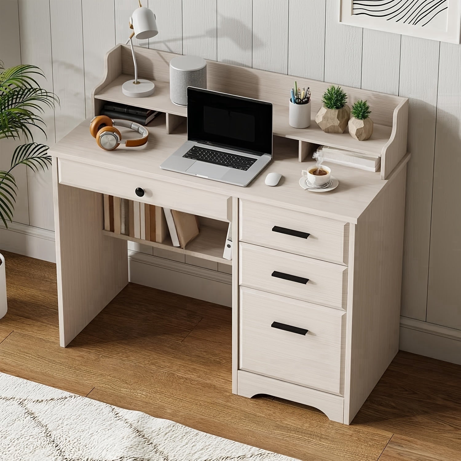 White, Brown, Wood Gray, Cream Computer Desk With 4 Drawers And Hutch, Home Office Writing Desk With File Drawer And Shelves For Small Spaces, Small Desk Study Table For Bedroom, White, Brown, Wood Gray, Cream