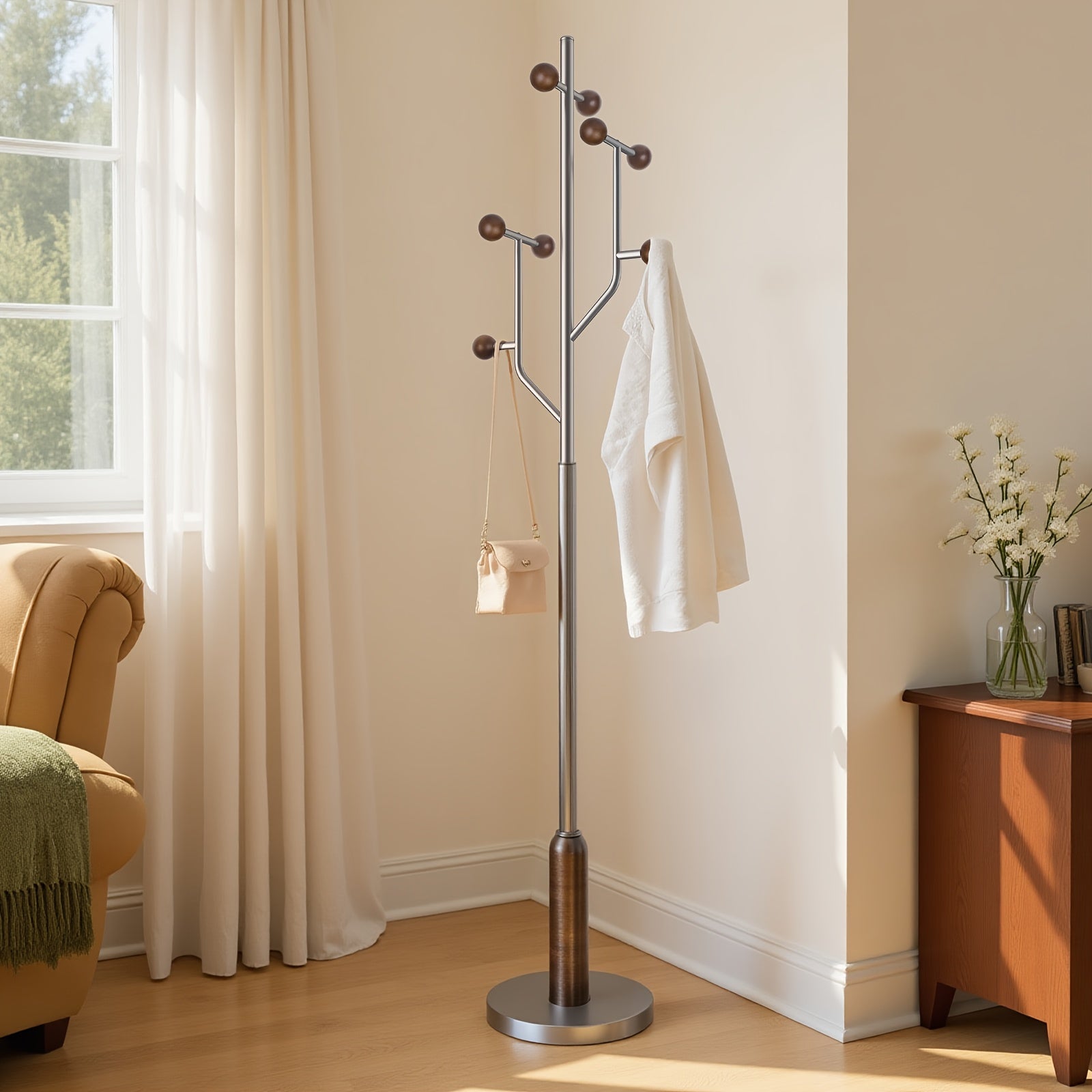 Heavy-Duty Freestanding Coat Rack with Stainless Steel Marble Base - 8 Ball-Shaped Hooks, Hardwood & Metal Construction, 27\