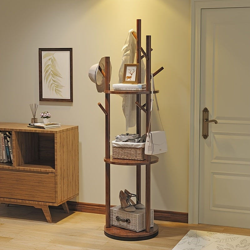 Rotary Solid Wood Coat Rack with 3 Shelves and 9 Hooks, Freestanding Sturdy Coat Tree for Entryway, Bedroom - Multi-Purpose Storage Organizer for Coats, Bags, Coat Rack Stand, 360-degree Rotation, Independent