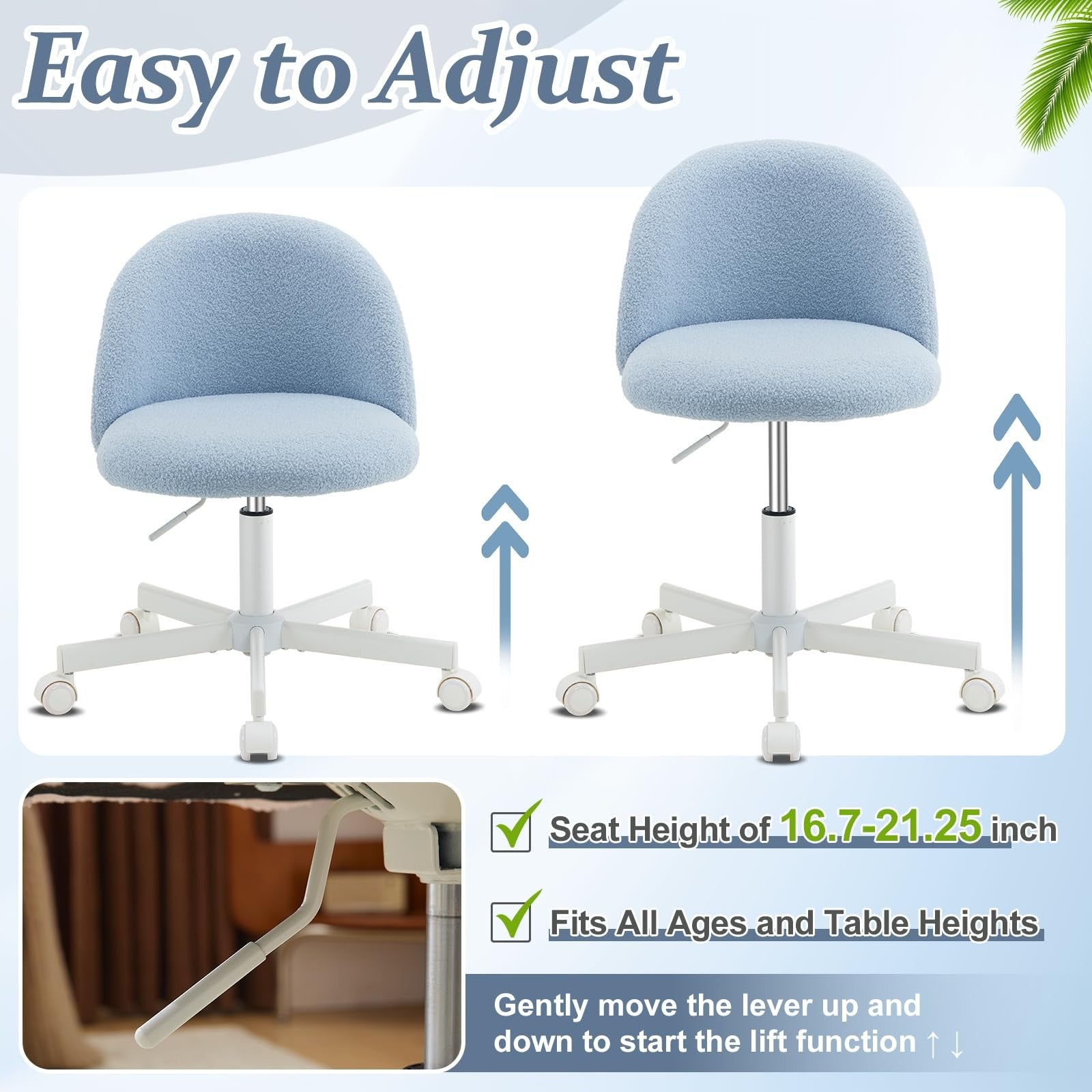 VINGLI Modern Teddy Fluffy Small Office Chair,Cute Desk Chair with Wheels,Gold Base\u002FStuds, Comfy Armless Swivel Vanity Task Chair, Nail Tech Chair for Bedroom,Small Space