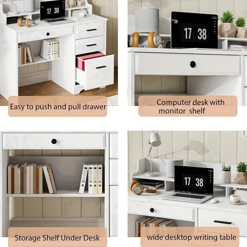 White, Brown, Wood Gray, Cream Computer Desk With 4 Drawers And Hutch, Home Office Writing Desk With File Drawer And Shelves For Small Spaces, Small Desk Study Table For Bedroom, White, Brown, Wood Gray, Cream
