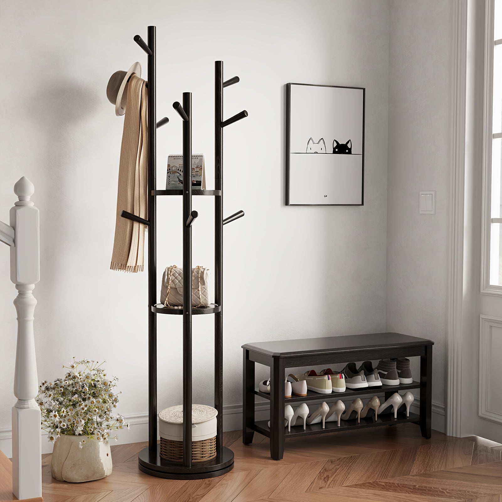 KASLANDI Furniture for Home, Solid Wood Rotary Coat Rack - Self-standing Hanger, Tree Floor Hanger, Foyer Furniture, Suitable for Entrance, Bedroom And Living Room, Hanging Coats And Bags,, Free Shipping