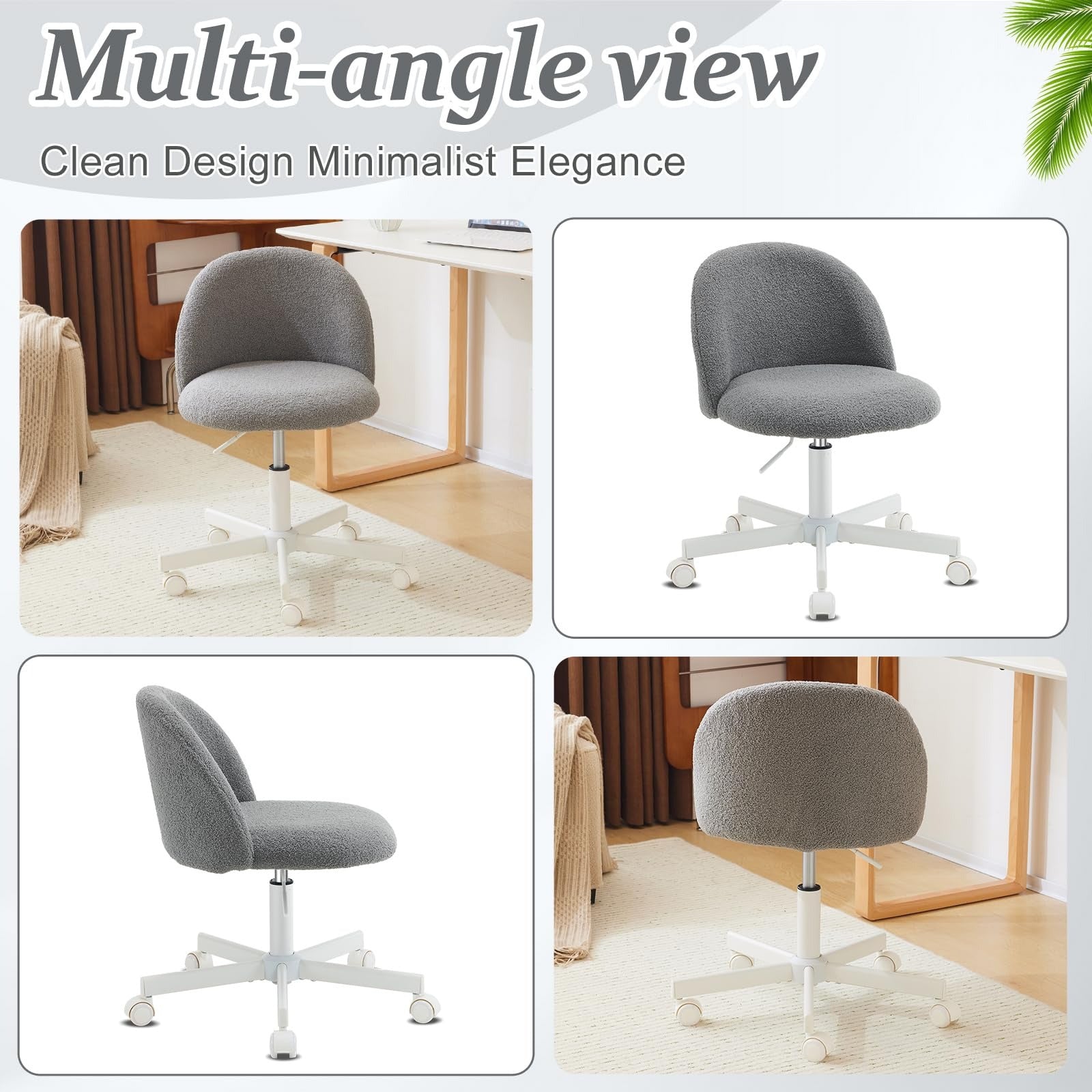VINGLI Modern Teddy Fluffy Small Office Chair,Cute Desk Chair with Wheels,Gold Base\u002FStuds, Comfy Armless Swivel Vanity Task Chair, Nail Tech Chair for Bedroom,Small Space