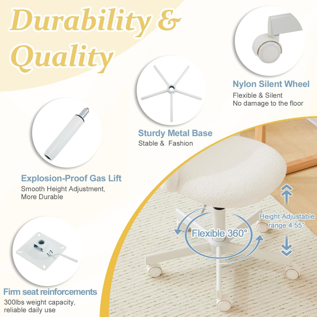 VINGLI Modern Teddy Fluffy Small Office Chair,Cute Desk Chair with Wheels,Gold Base\u002FStuds, Comfy Armless Swivel Vanity Task Chair, Nail Tech Chair for Bedroom,Small Space