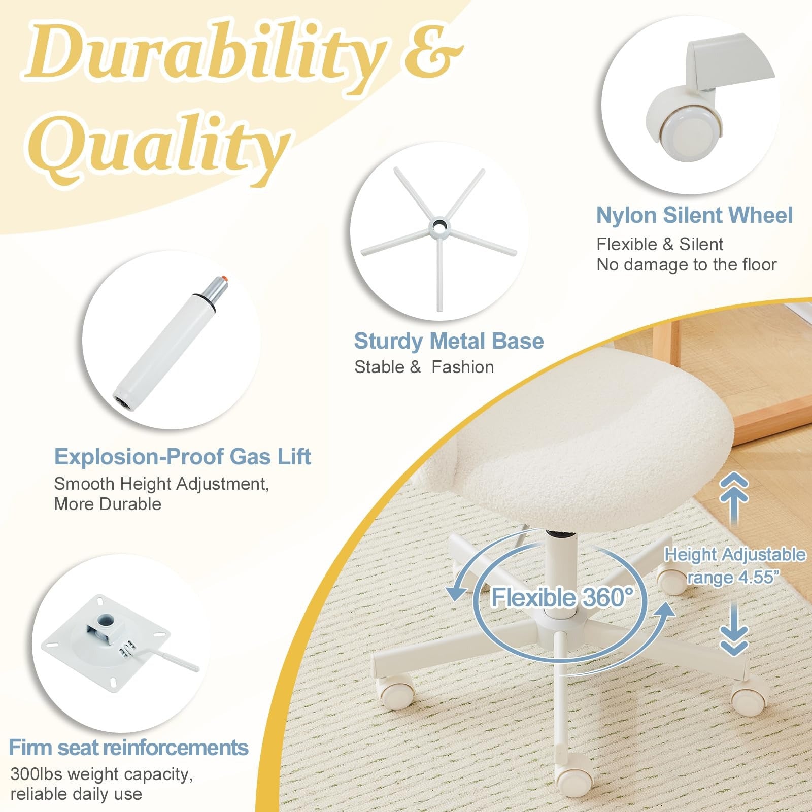 VINGLI Modern Teddy Fluffy Small Office Chair,Cute Desk Chair with Wheels,Gold Base\u002FStuds, Comfy Armless Swivel Vanity Task Chair, Nail Tech Chair for Bedroom,Small Space