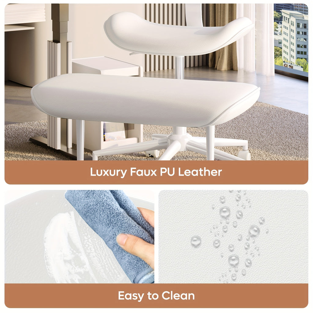 Pinmoco Upgrated Ergonomic Office Chair, Cross Legged Office Chair, Height Adjustable Back Support, 360° Swivel Seat and Stool, 5-Wheel Base, Heavy-Duty Rolling Desk Chair, Faux PU Black\u002FWhite, Upgrated Version