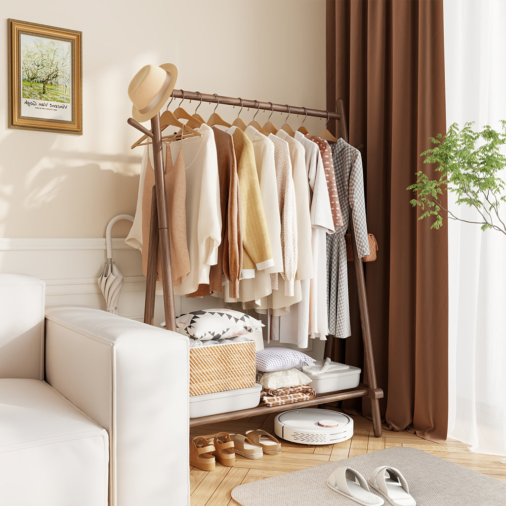 KASLANDI Free Shipping - Solid Wood Clothes Rack, Portable Garment Rack With Hooks And Shelf, Sturdy Freestanding Clothing Organizer For Coats, Dresses, Shoes, Bags, Easy To Assemble Storage Solution For Bedroom, Entryway, Living Room