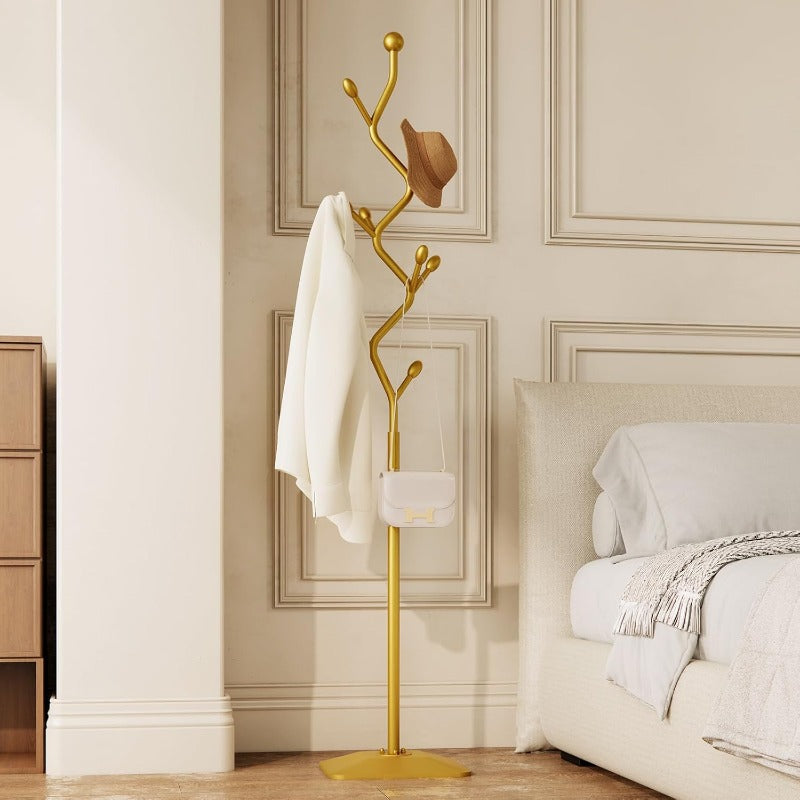 Treeshaped coat rack standMetal coat tree with 8 Hooks and sturdy cast iron base Heavy Duty coat rack freestanding coat hanger stand for Clothes Hats Scarfs Purses gold