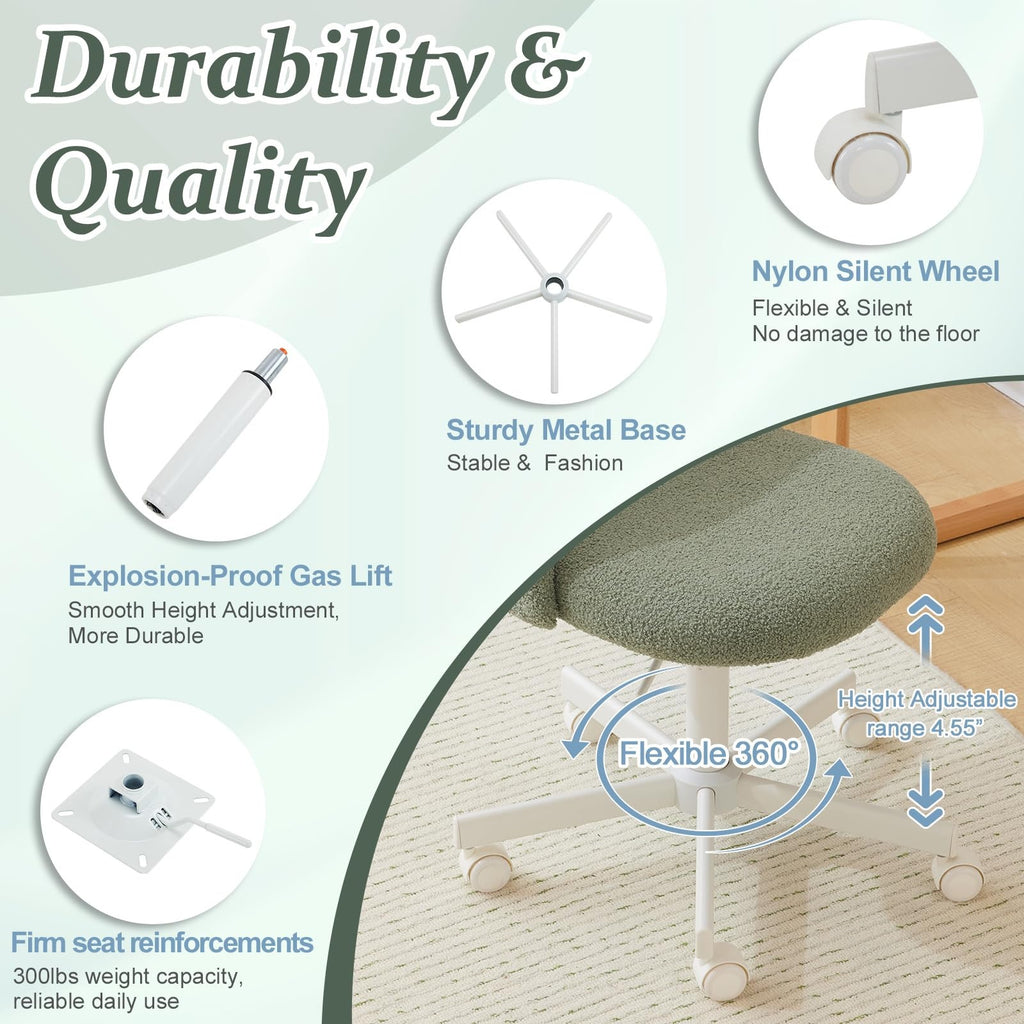 VINGLI Modern Teddy Fluffy Small Office Chair,Cute Desk Chair with Wheels,Gold Base\u002FStuds, Comfy Armless Swivel Vanity Task Chair, Nail Tech Chair for Bedroom,Small Space