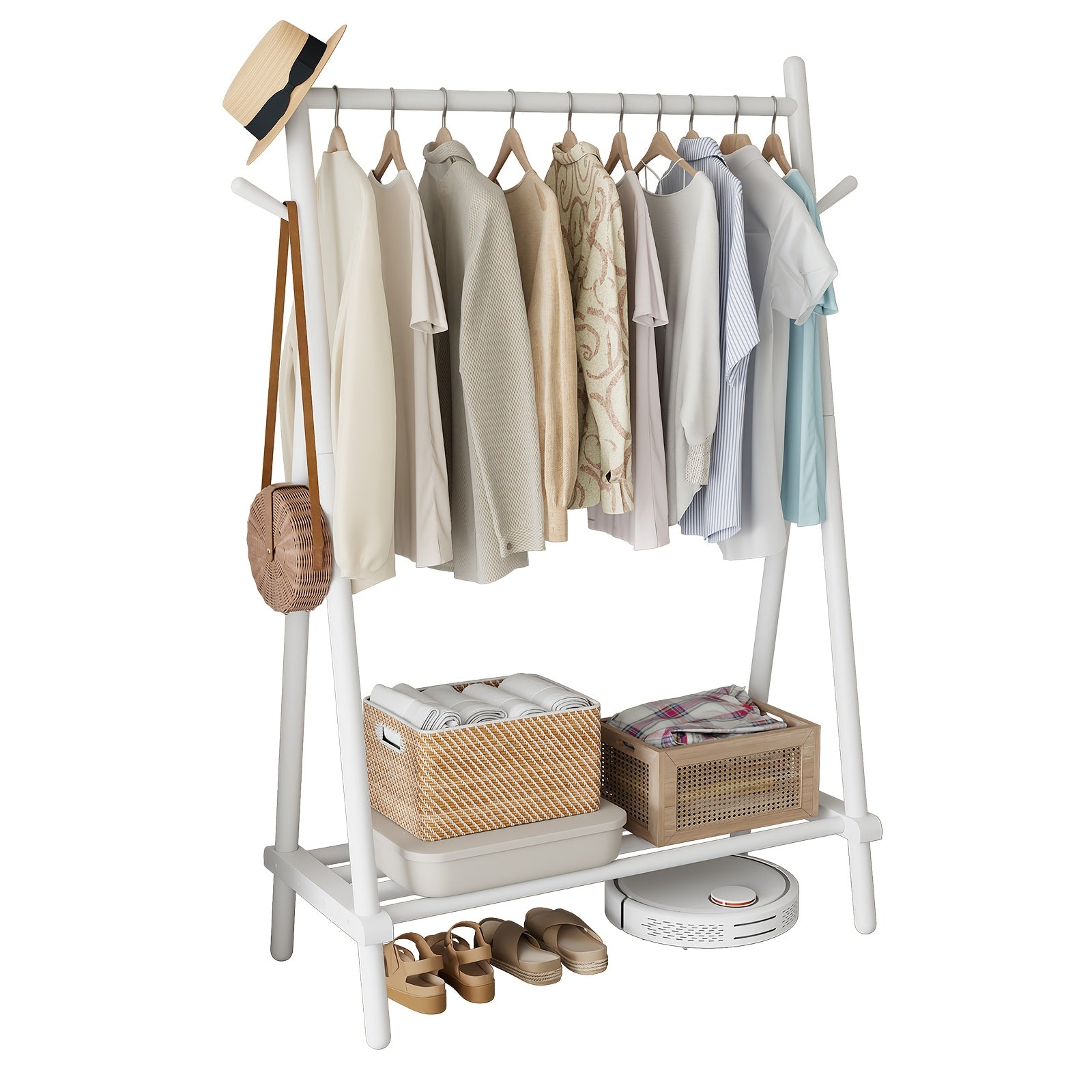 KASLANDI Free Shipping - Solid Wood Clothes Rack, Portable Garment Rack With Hooks And Shelf, Sturdy Freestanding Clothing Organizer For Coats, Dresses, Shoes, Bags, Easy To Assemble Storage Solution For Bedroom, Entryway, Living Room