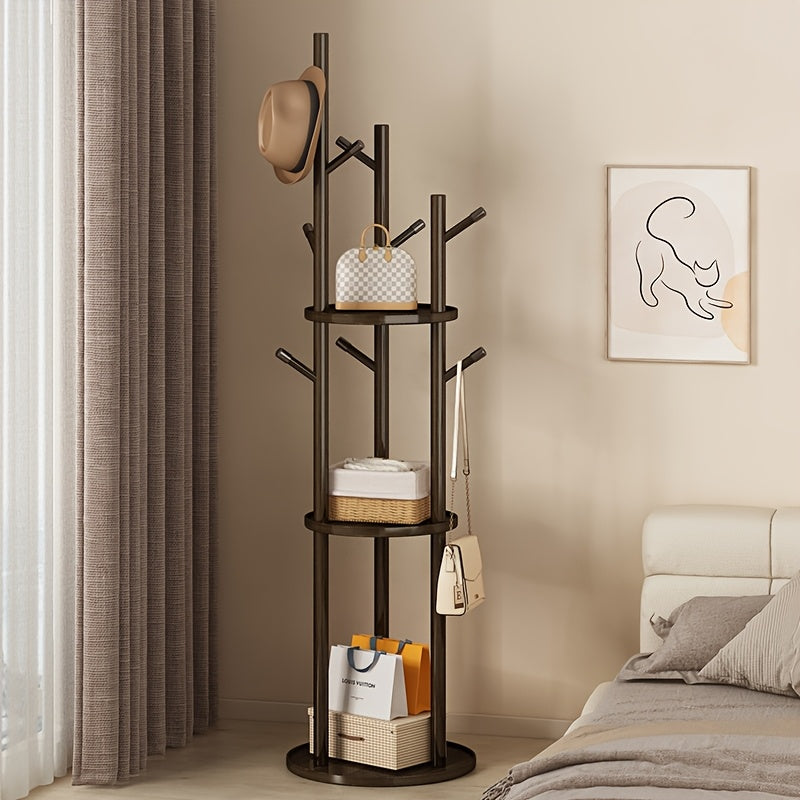 Rotary Solid Wood Coat Rack with 3 Shelves and 9 Hooks, Freestanding Sturdy Coat Tree for Entryway, Bedroom - Multi-Purpose Storage Organizer for Coats, Bags, Coat Rack Stand, 360-degree Rotation, Independent