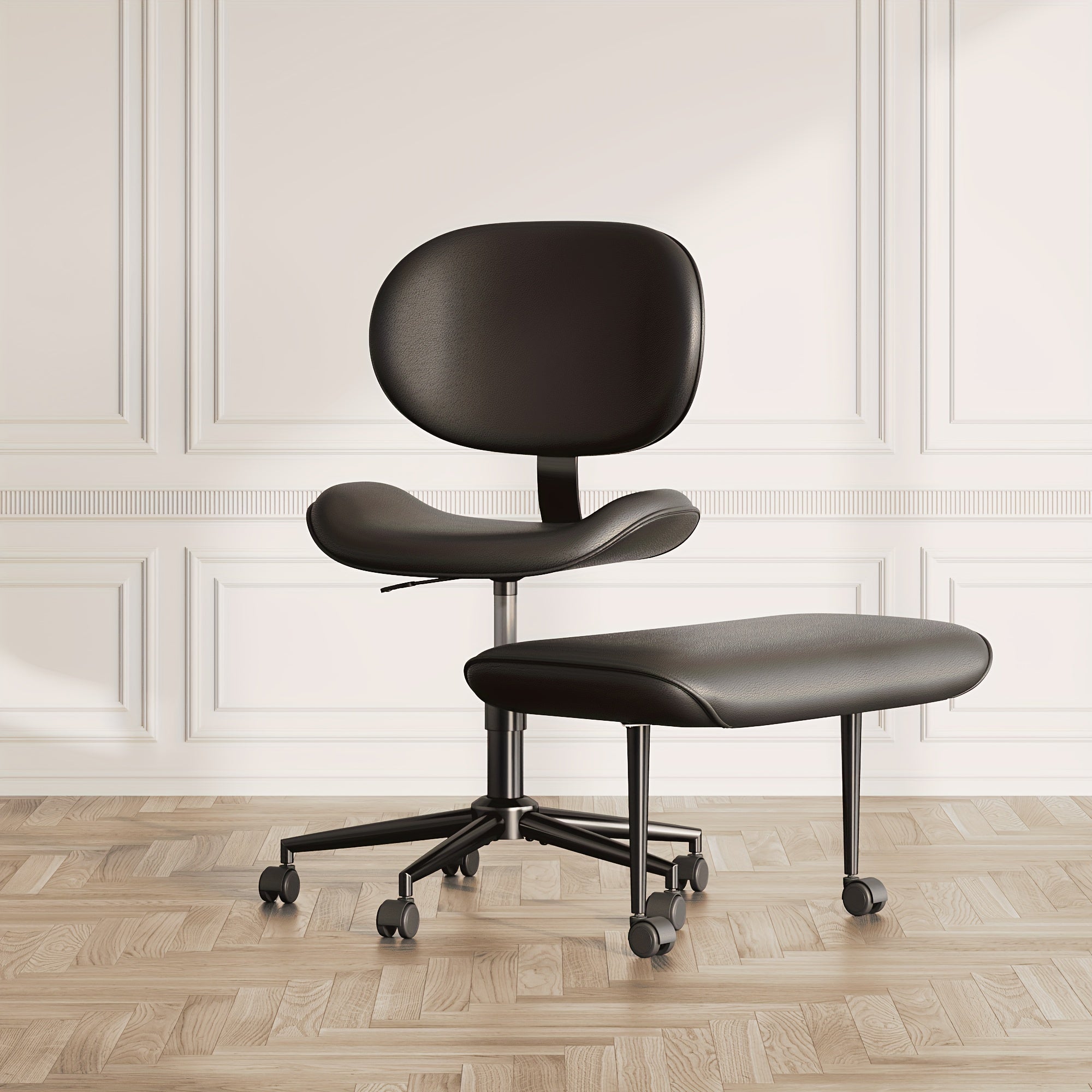 Pinmoco Upgrated Ergonomic Office Chair, Cross Legged Office Chair, Height Adjustable Back Support, 360° Swivel Seat and Stool, 5-Wheel Base, Heavy-Duty Rolling Desk Chair, Faux PU Black\u002FWhite, Upgrated Version