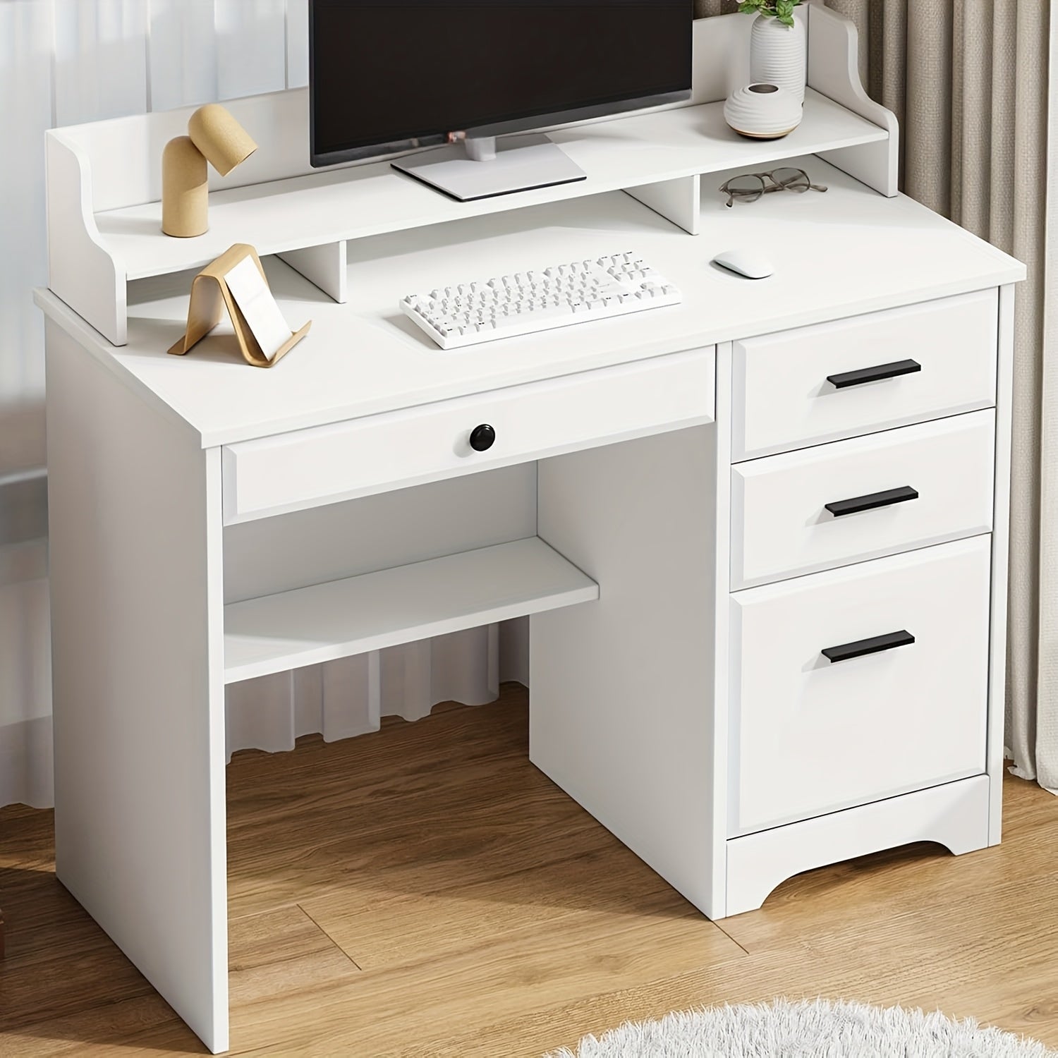 White, Brown, Wood Gray, Cream Computer Desk With 4 Drawers And Hutch, Home Office Writing Desk With File Drawer And Shelves For Small Spaces, Small Desk Study Table For Bedroom, White, Brown, Wood Gray, Cream