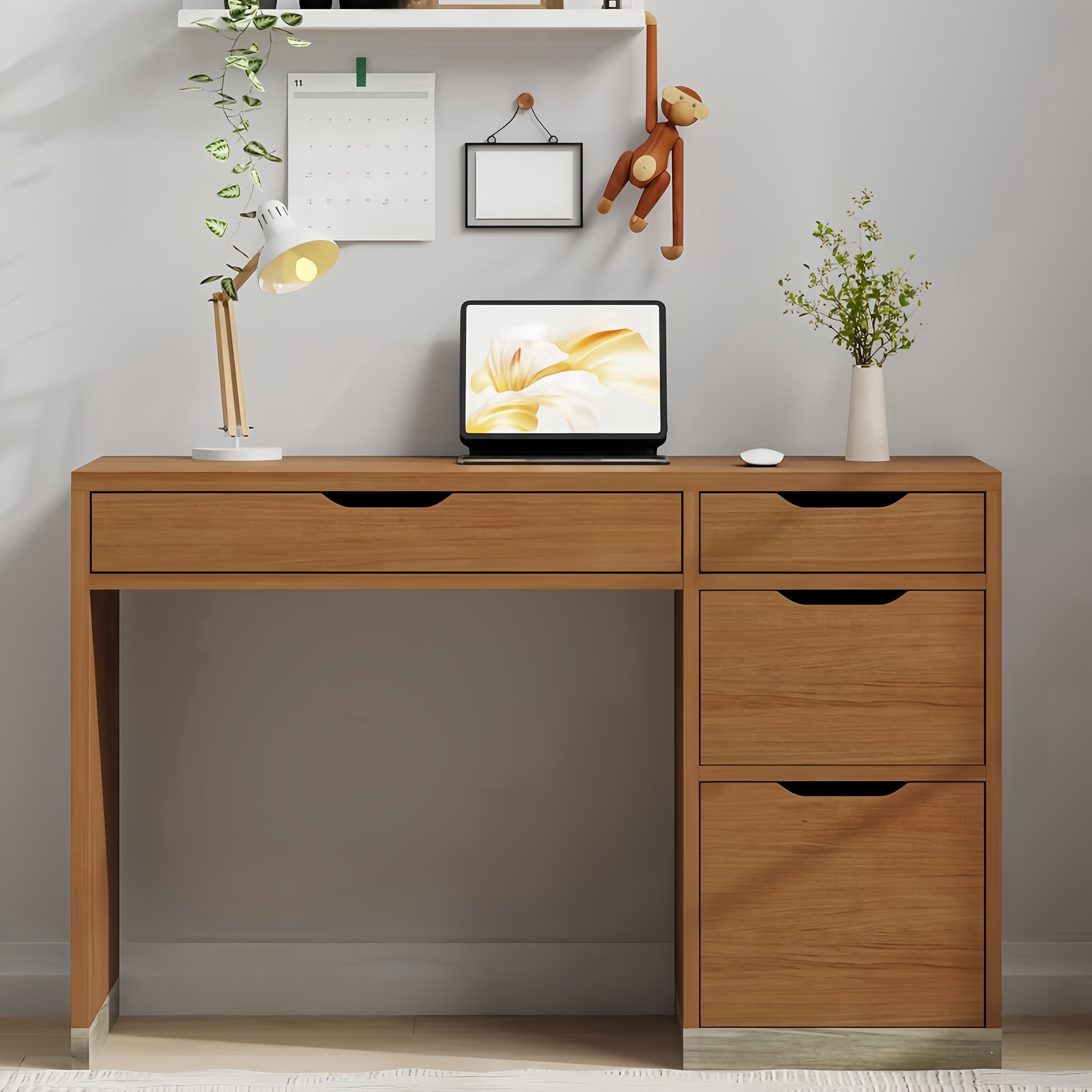 White And Walnut\u002FBrown\u002FWhite Computer Desk With Storage Drawers, Study Desk With 4 Drawers And File Cabinet, For Bedroom, Small Space, White And Walnut\u002FBrown\u002FWhite