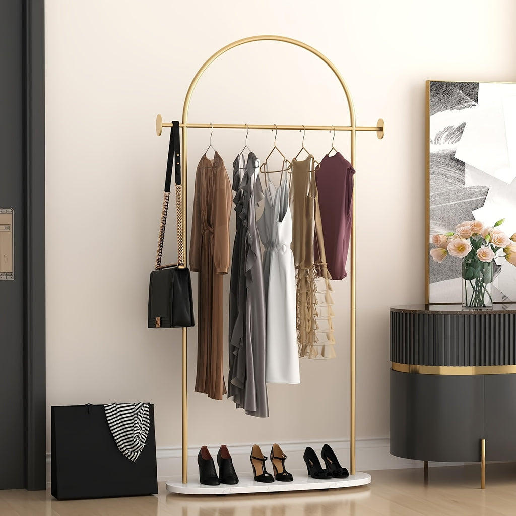 Heavy Duty Golden Clothing Rack with Adjustable Shelf & Hooks - Freestanding Metal Coat Hanger Stand for Home, Office, Boutique - Space-Saving Modern Design with Storage, 31.5\