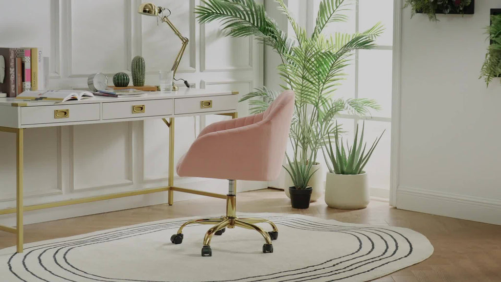 Velvet Home Office Desk Chair, Modern Cute Computer Task Chair, Stadium Seats For Sports Fields, Sport Event, Wheels Swivel Height Adjustable Upholstered Vanity Chair For Women, Girls, Golden Base