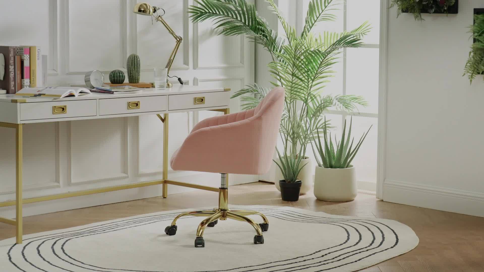 Velvet Home Office Desk Chair, Modern Cute Computer Task Chair, Stadium Seats For Sports Fields, Sport Event, Wheels Swivel Height Adjustable Upholstered Vanity Chair For Women, Girls, Golden Base