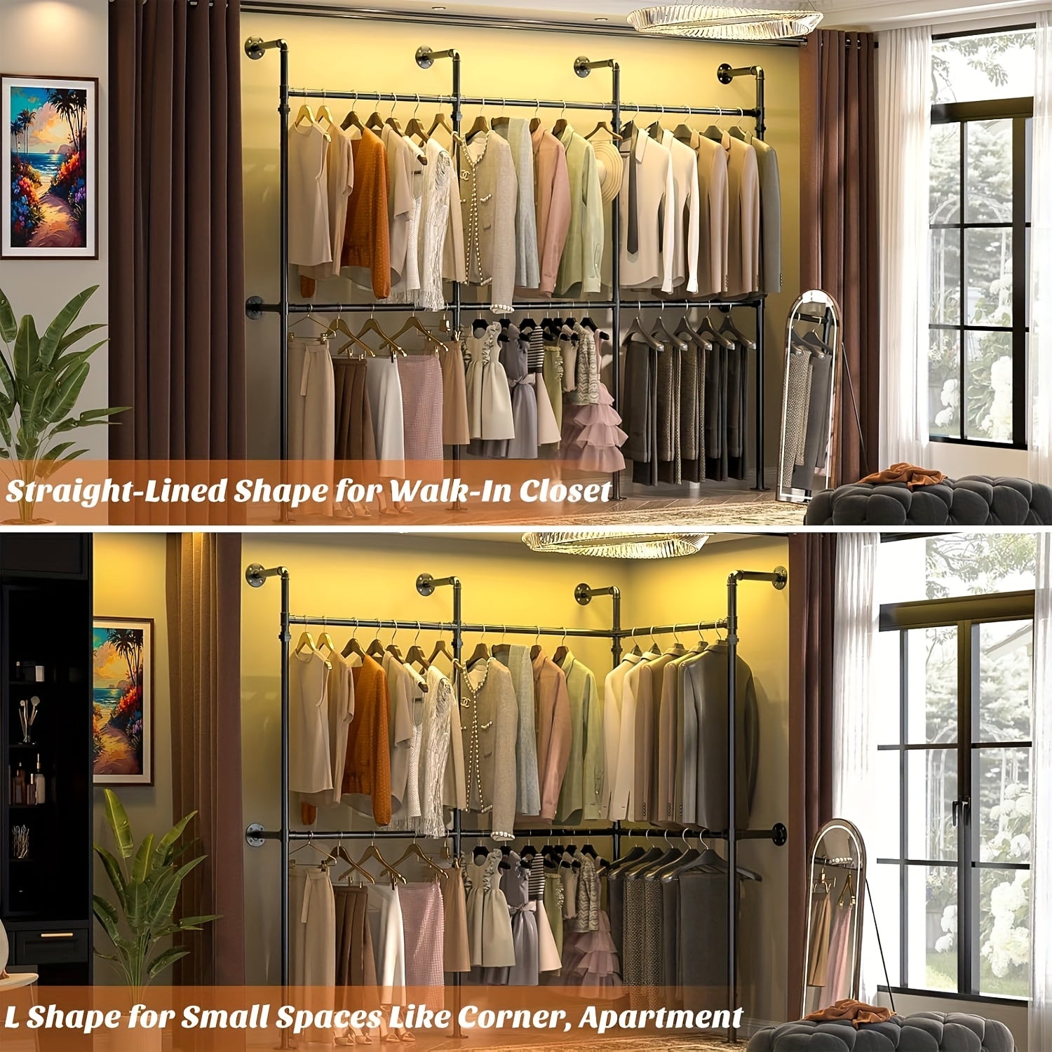 Space-Saving Industrial Pipe Clothing Rack Wall Mounted - Heavy Duty, Adjustable Garment Display For Bedroom, Cloakroom & Retail Stores, Christmas Decor, Walk In Hanger, Home Clothing Storage Supplies