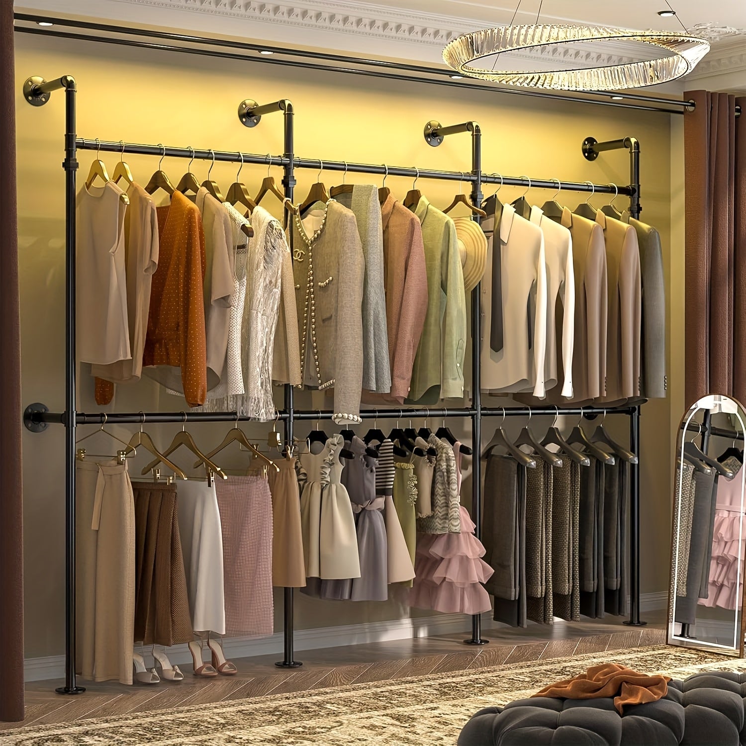 Space-Saving Industrial Pipe Clothing Rack Wall Mounted - Heavy Duty, Adjustable Garment Display For Bedroom, Cloakroom & Retail Stores, Christmas Decor, Walk In Hanger, Home Clothing Storage Supplies