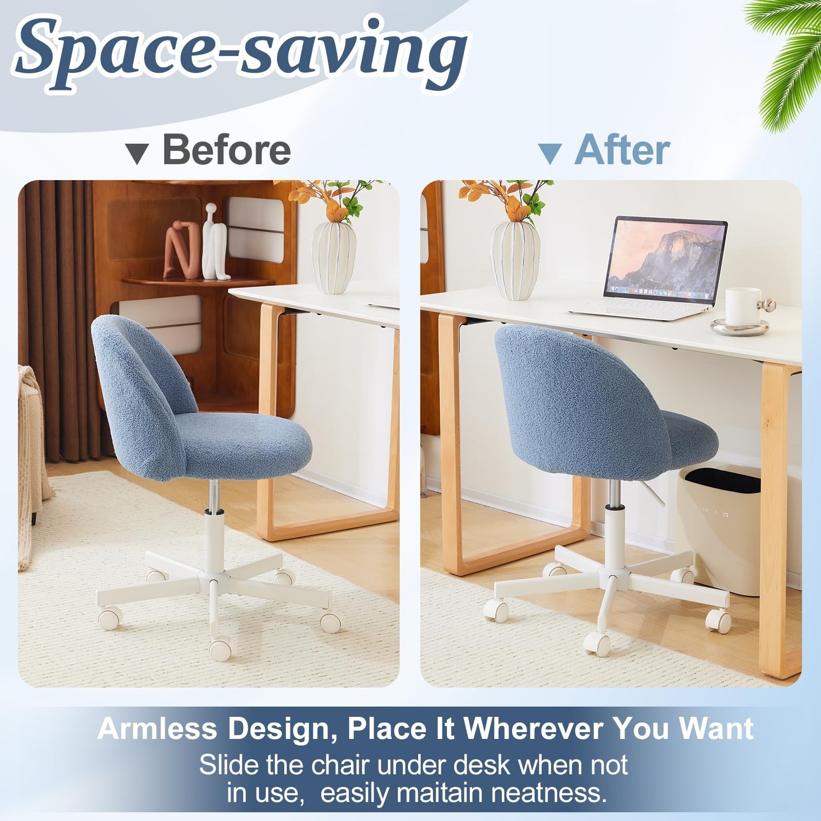 VINGLI Modern Teddy Fluffy Small Office Chair,Cute Desk Chair with Wheels,Gold Base\u002FStuds, Comfy Armless Swivel Vanity Task Chair, Nail Tech Chair for Bedroom,Small Space