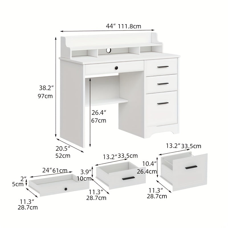 White, Brown, Wood Gray, Cream Computer Desk With 4 Drawers And Hutch, Home Office Writing Desk With File Drawer And Shelves For Small Spaces, Small Desk Study Table For Bedroom, White, Brown, Wood Gray, Cream