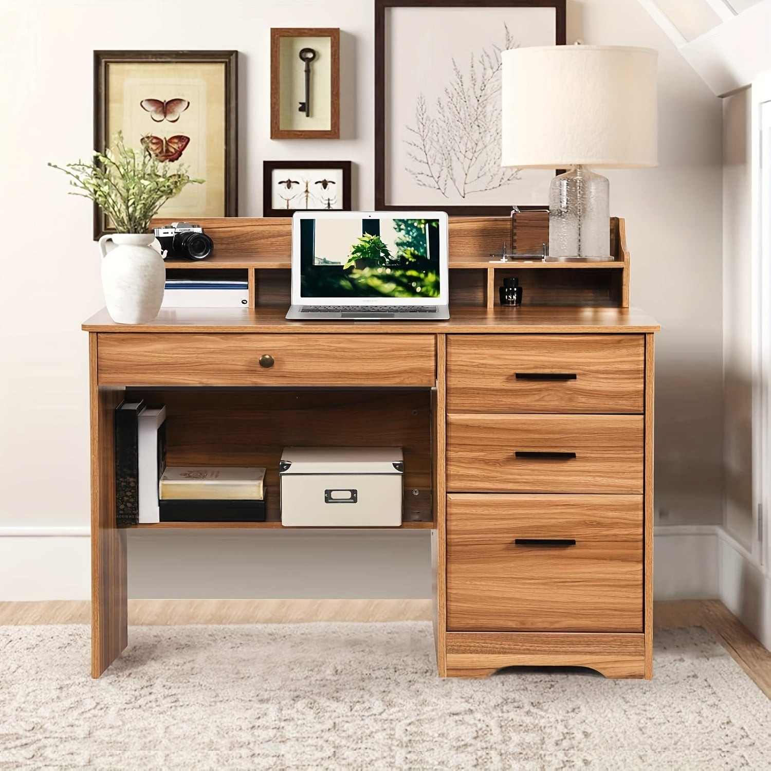 White, Brown, Wood Gray, Cream Computer Desk With 4 Drawers And Hutch, Home Office Writing Desk With File Drawer And Shelves For Small Spaces, Small Desk Study Table For Bedroom, White, Brown, Wood Gray, Cream
