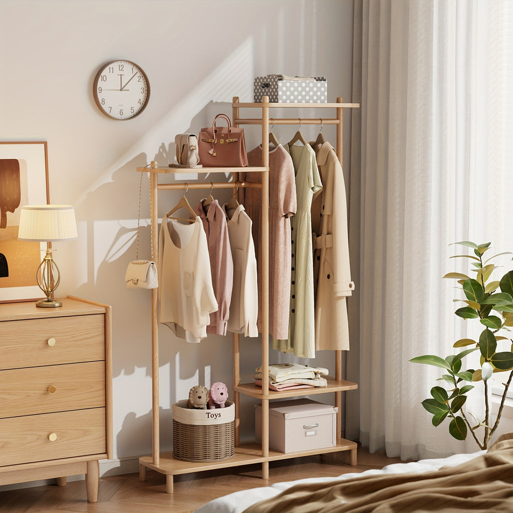 Kaslandi Solid Wood Coat Rack Furniture | Multi-Tier Hanging Rack, Clothes Hanging Rack, Clothes Drying Rack | Upper And Lower Storage + Alphabet Shelf Design | Versatile for Foyer And Bedroom! Free Shipping