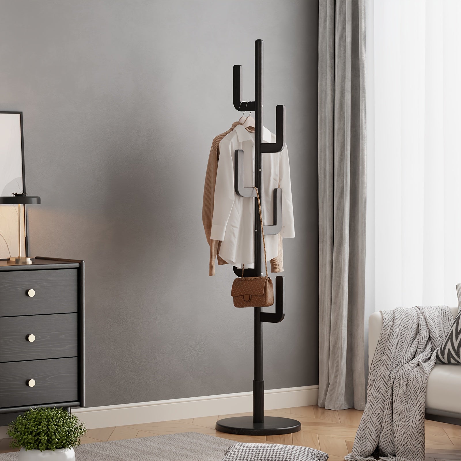 Kaslandi Space Entryway Furniture Coat Rack, Solid Wood Floor Standing Clothes Rack, Bedroom Home Garment Rack with Six Hooks, Multi-Style & Multi-Functional Hanging Coat Rack.