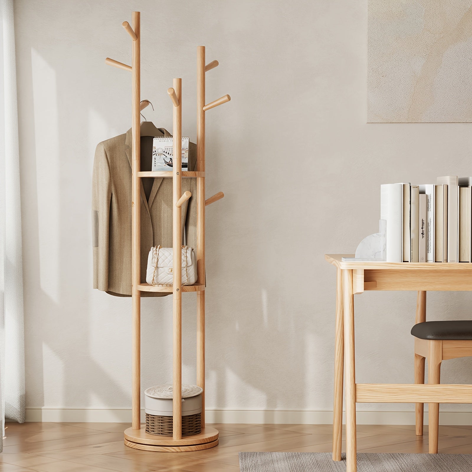 KASLANDI Furniture for Home, Solid Wood Rotary Coat Rack - Self-standing Hanger, Tree Floor Hanger, Foyer Furniture, Suitable for Entrance, Bedroom And Living Room, Hanging Coats And Bags,, Free Shipping