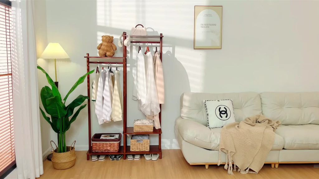 Kaslandi Solid Wood Coat Rack Furniture | Multi-Tier Hanging Rack, Clothes Hanging Rack, Clothes Drying Rack | Upper And Lower Storage + Alphabet Shelf Design | Versatile for Foyer And Bedroom! Free Shipping