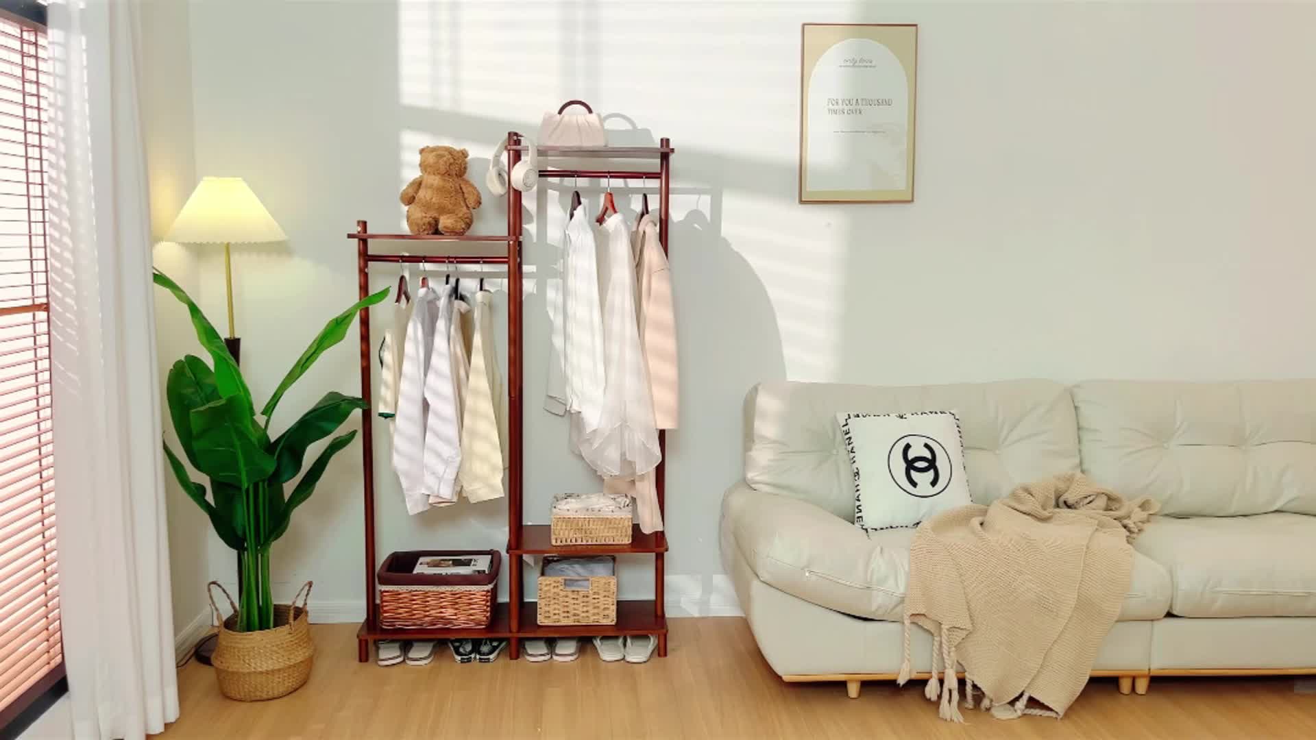 Kaslandi Solid Wood Coat Rack Furniture | Multi-Tier Hanging Rack, Clothes Hanging Rack, Clothes Drying Rack | Upper And Lower Storage + Alphabet Shelf Design | Versatile for Foyer And Bedroom! Free Shipping