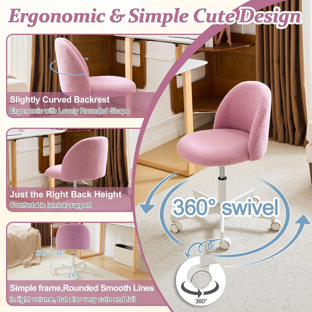 VINGLI Modern Teddy Fluffy Small Office Chair,Cute Desk Chair with Wheels,Gold Base\u002FStuds, Comfy Armless Swivel Vanity Task Chair, Nail Tech Chair for Bedroom,Small Space