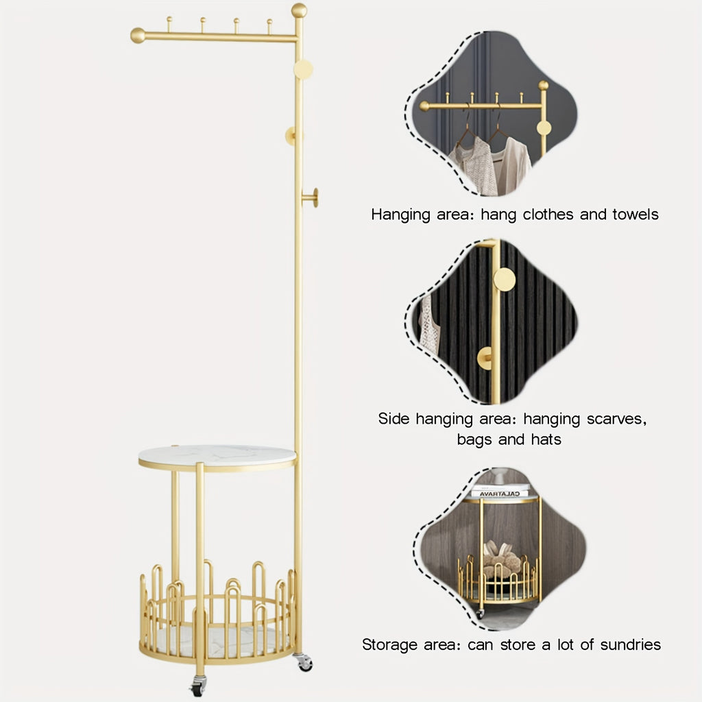 Sturdy Freestanding Iron Garment Rack with Storage Shelf and Hooks, Golden Single Rod Clothing Rack with Wheels and Table - 15.7in x 15.7in x 66.9in