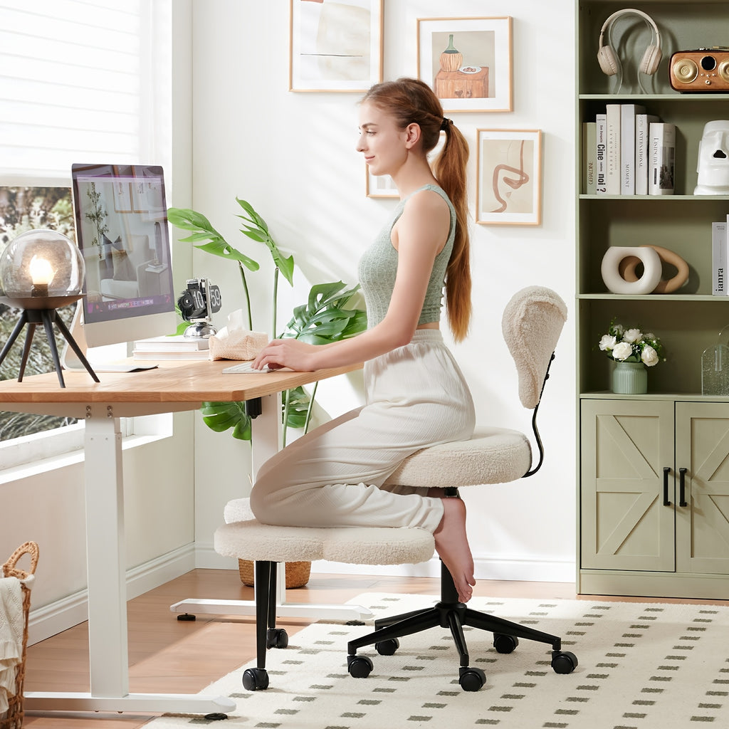 Ergonomic Office Chair Ergonomic Office Chair with Wheels, Cross Legged Chair, Height Adjustable Seat and Footstool, Ergonomic Back Support, Teddy Velvet White And Faux PU Black, Office Furniture Gift Choice