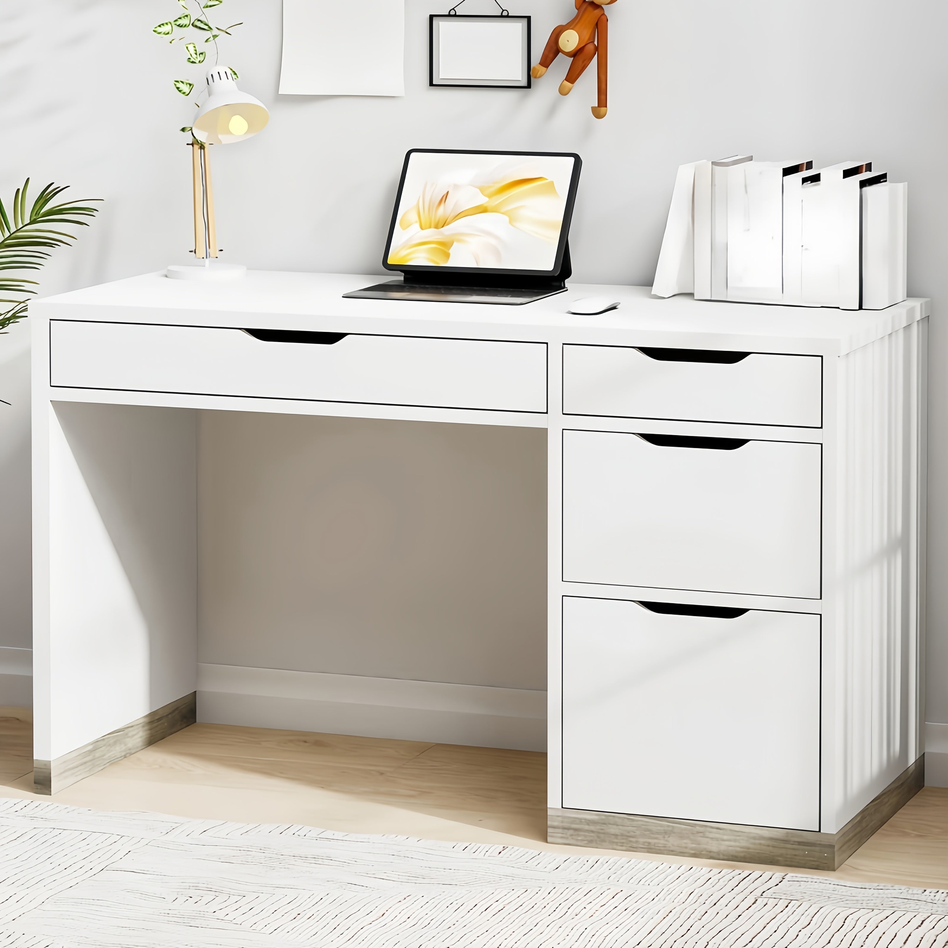 White And Walnut\u002FBrown\u002FWhite Computer Desk With Storage Drawers, Study Desk With 4 Drawers And File Cabinet, For Bedroom, Small Space, White And Walnut\u002FBrown\u002FWhite