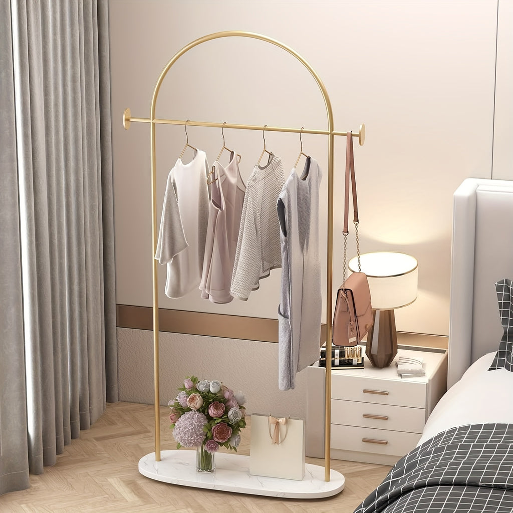 Heavy Duty Golden Clothing Rack with Adjustable Shelf & Hooks - Freestanding Metal Coat Hanger Stand for Home, Office, Boutique - Space-Saving Modern Design with Storage, 31.5\