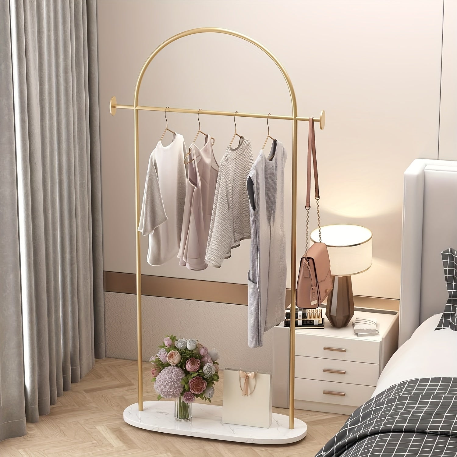 Heavy Duty Golden Clothing Rack with Adjustable Shelf & Hooks - Freestanding Metal Coat Hanger Stand for Home, Office, Boutique - Space-Saving Modern Design with Storage, 31.5\