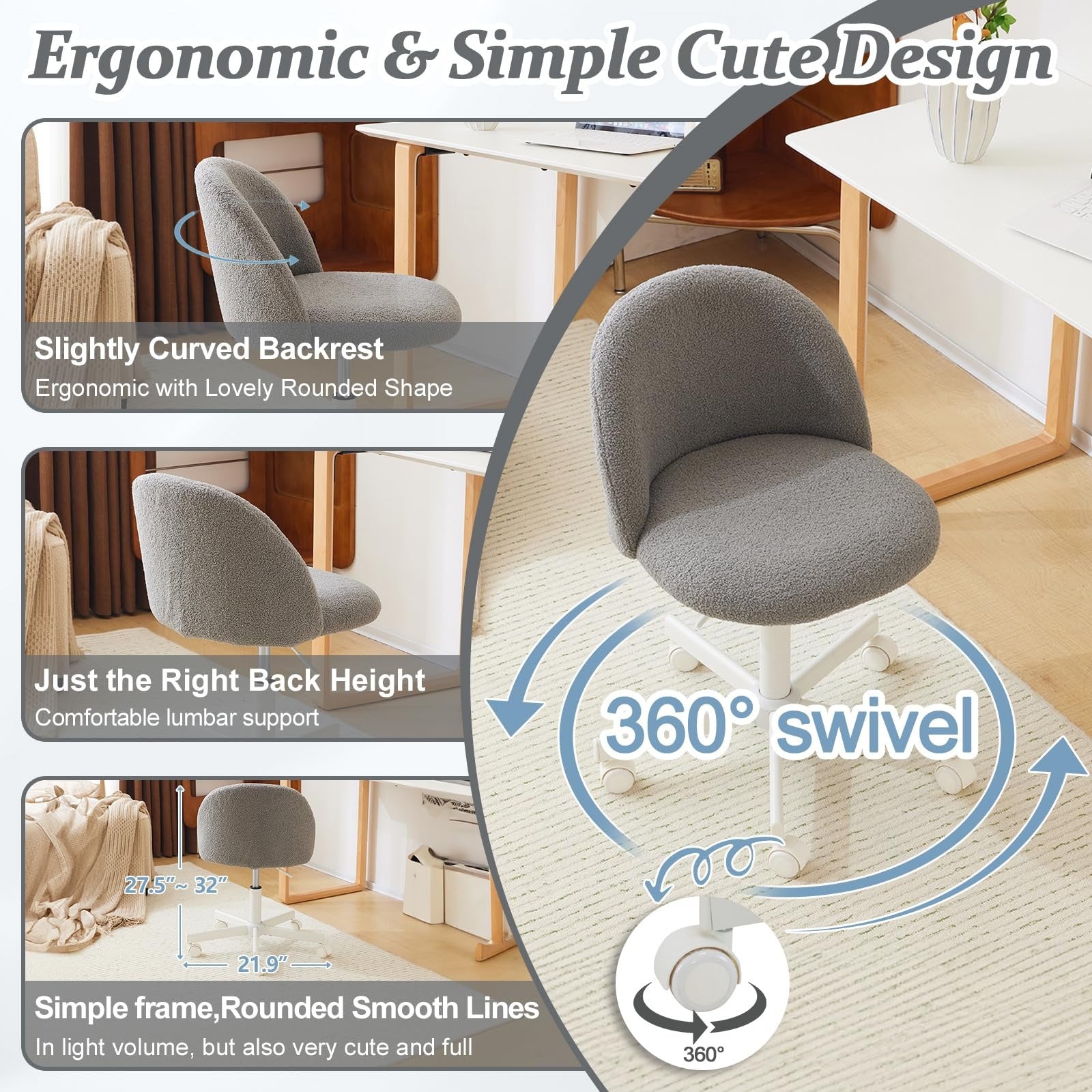 VINGLI Modern Teddy Fluffy Small Office Chair,Cute Desk Chair with Wheels,Gold Base\u002FStuds, Comfy Armless Swivel Vanity Task Chair, Nail Tech Chair for Bedroom,Small Space