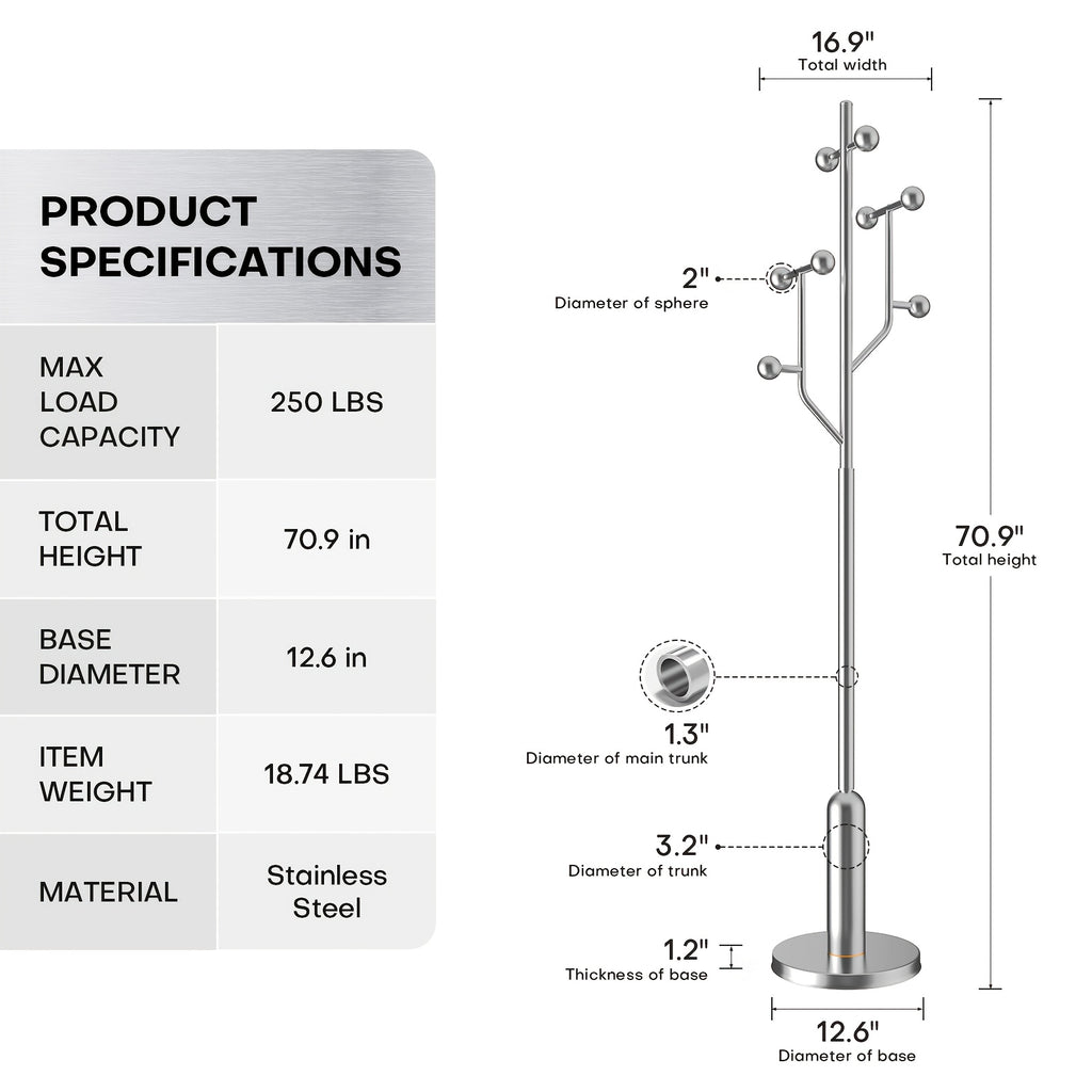 Heavy-Duty Freestanding Coat Rack with Stainless Steel Marble Base - 8 Ball-Shaped Hooks, Hardwood & Metal Construction, 27\