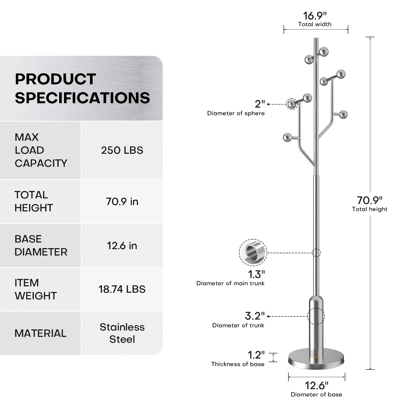 Heavy-Duty Freestanding Coat Rack with Stainless Steel Marble Base - 8 Ball-Shaped Hooks, Hardwood & Metal Construction, 27\