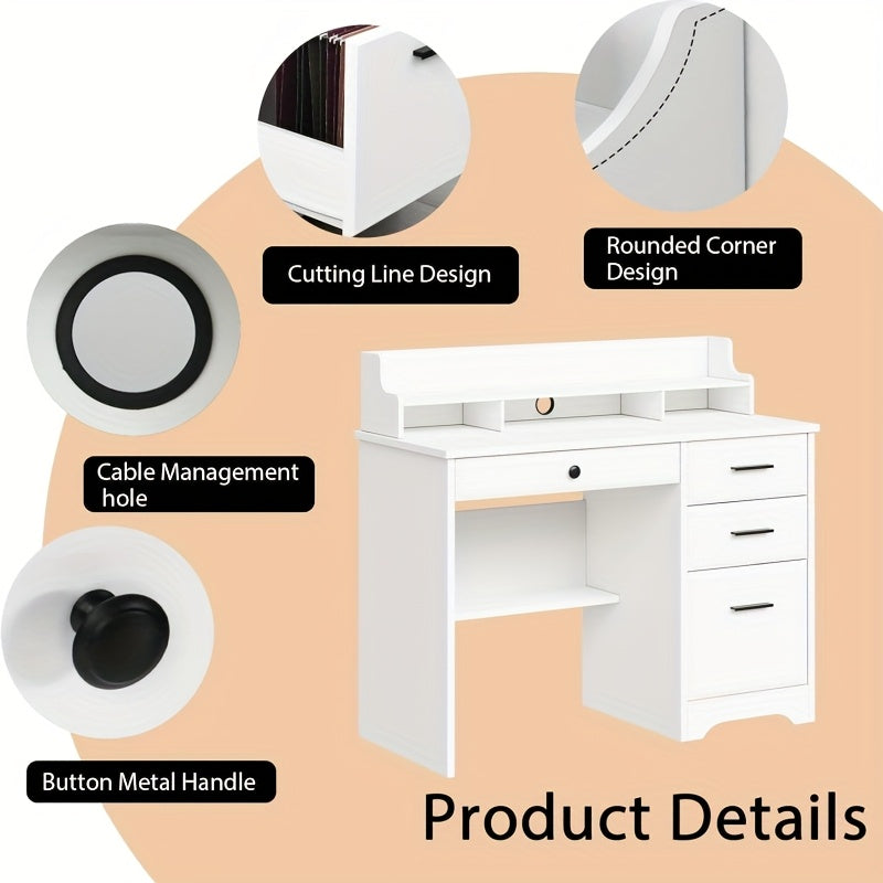 White, Brown, Wood Gray, Cream Computer Desk With 4 Drawers And Hutch, Home Office Writing Desk With File Drawer And Shelves For Small Spaces, Small Desk Study Table For Bedroom, White, Brown, Wood Gray, Cream