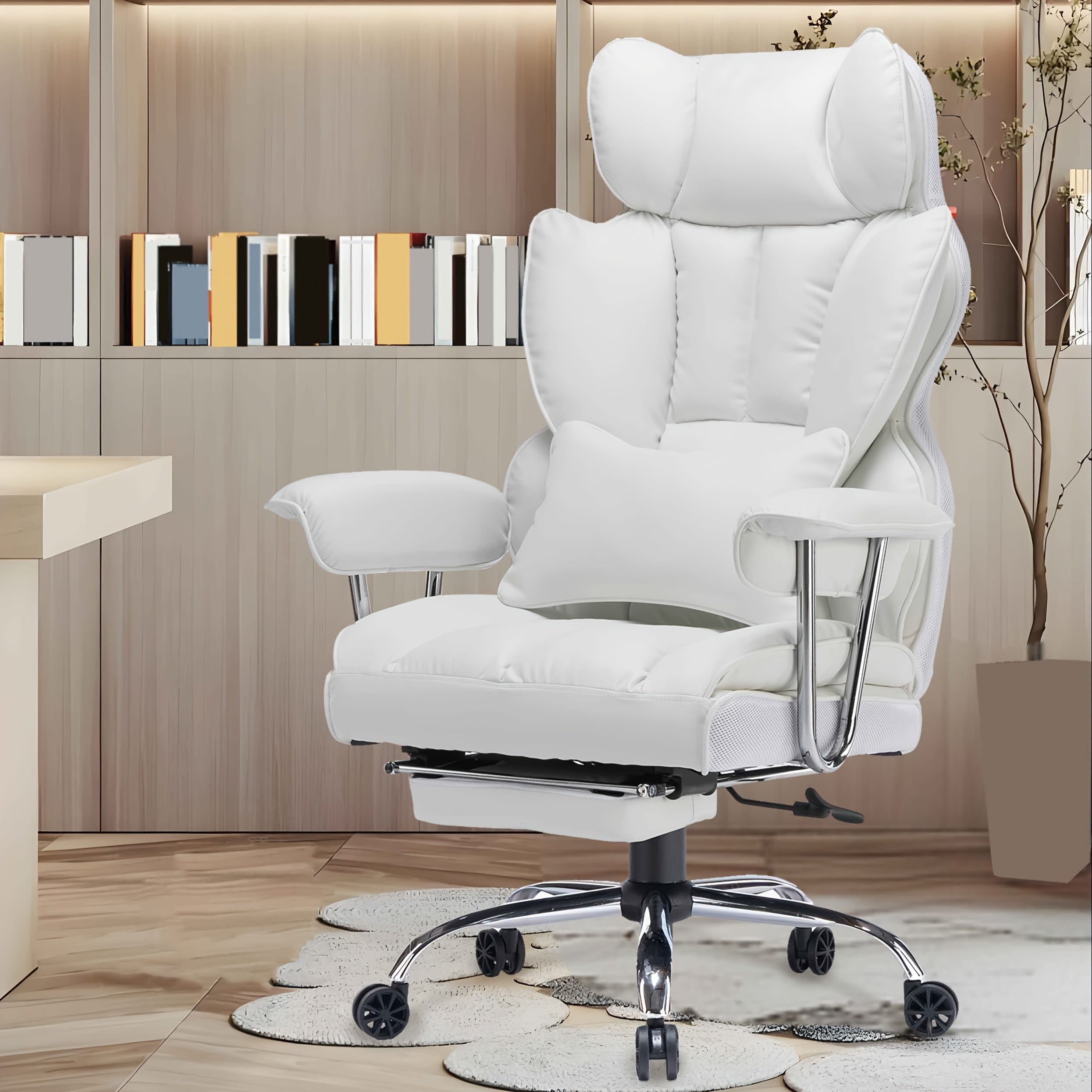 Efomao Desk Office Chair 400LBS, Big And Tall Office Chair, PU Leather Computer Chair, Executive Office Chair With Leg Rest And Lumbar Support